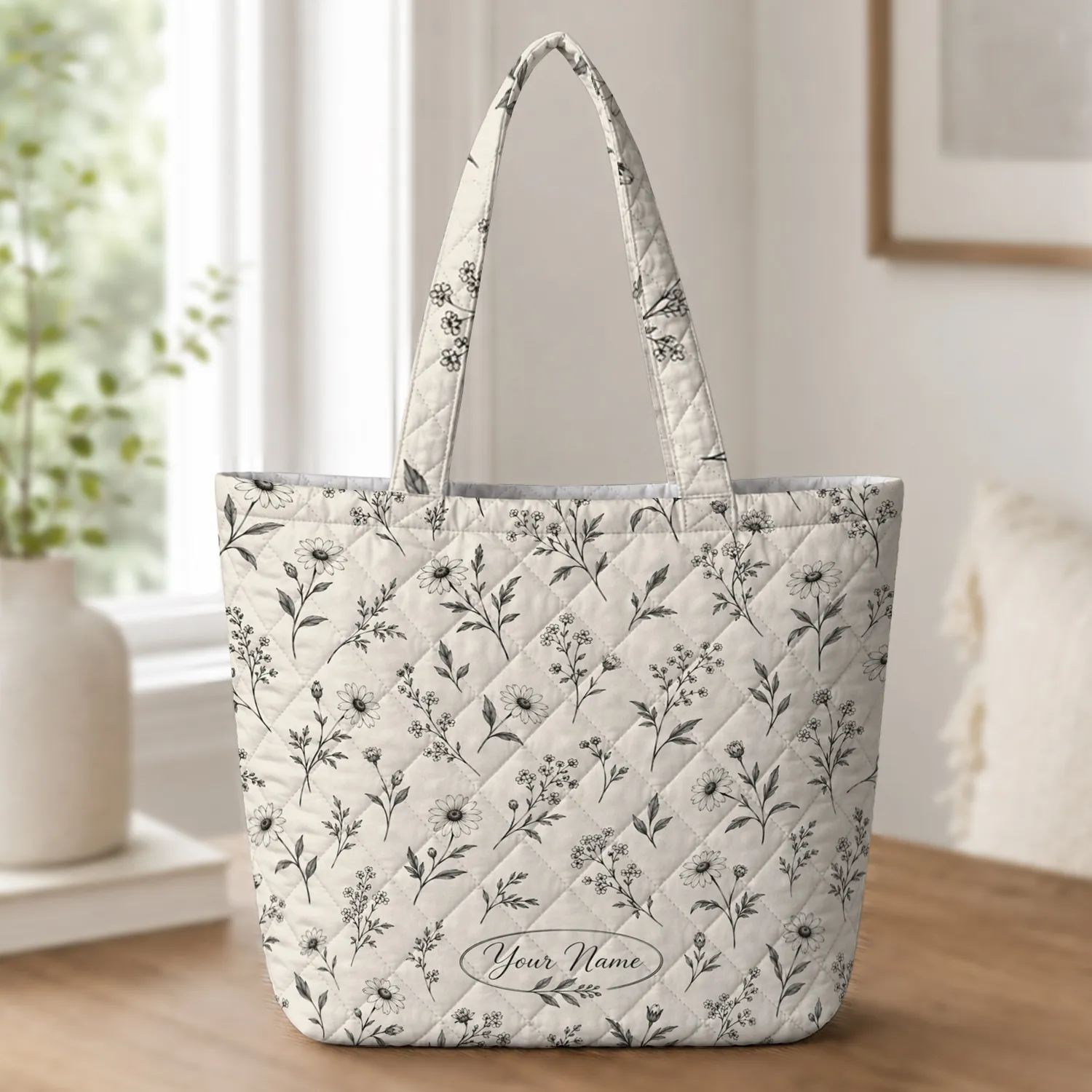 Monochrome Wildflower Botanicals for Everyday Market Shopping and Nature-Loving Gifting Quilted Tote Bag - 1