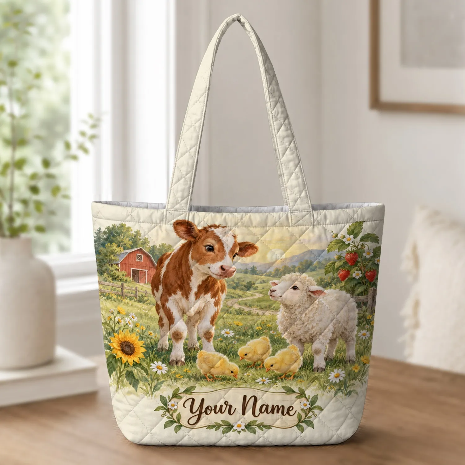 Sheep, Cow and Chicks in a Meadow for Cottage Farmhouse Laundry Room Decor Gifts Quilted Tote Bag - 1