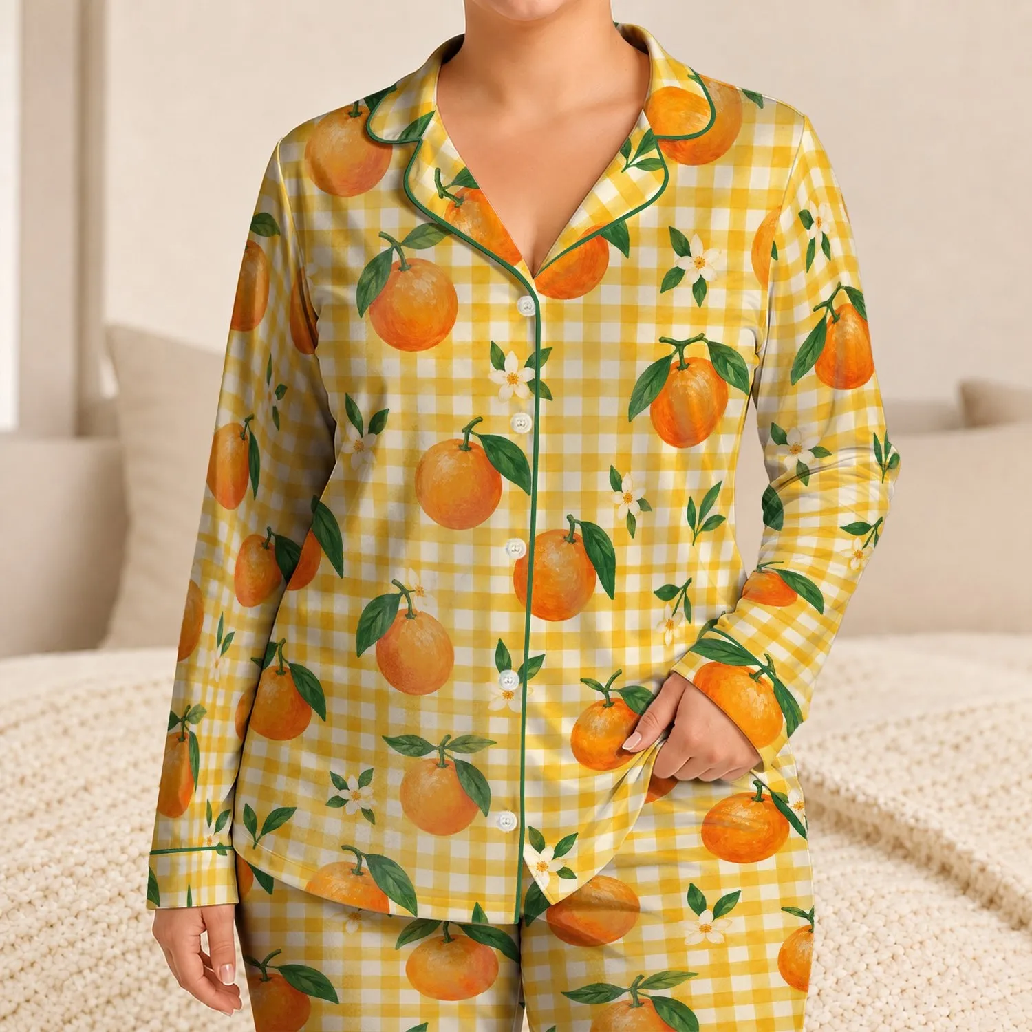 Orange Fruit and Golden Gingham for Cozy Evenings and Cheerful Home Relaxation Satin Pajamas Set - 1