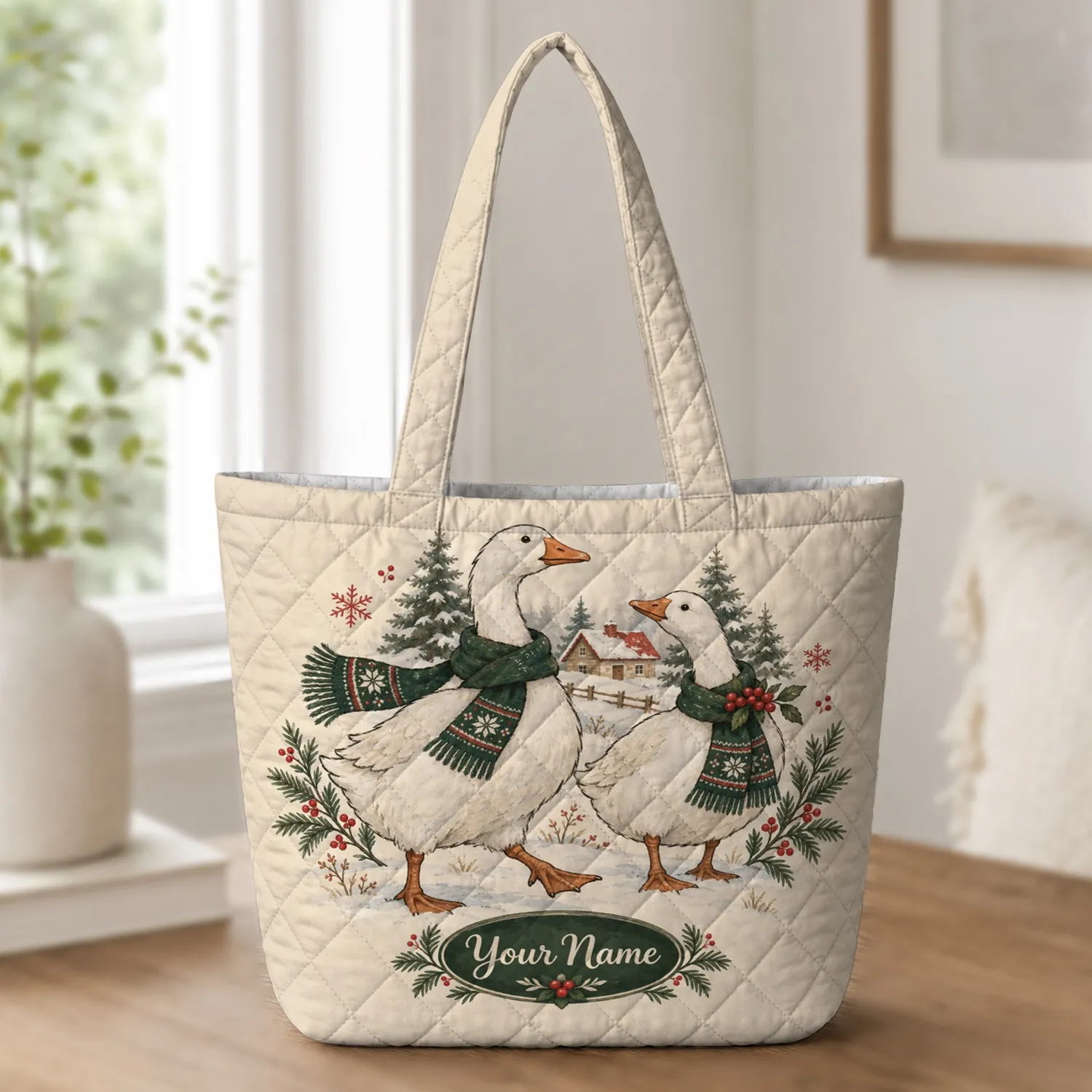Christmas Geese and Winter Village Holiday Scene for Cozy Seasonal Gifting Quilted Tote Bag - 1
