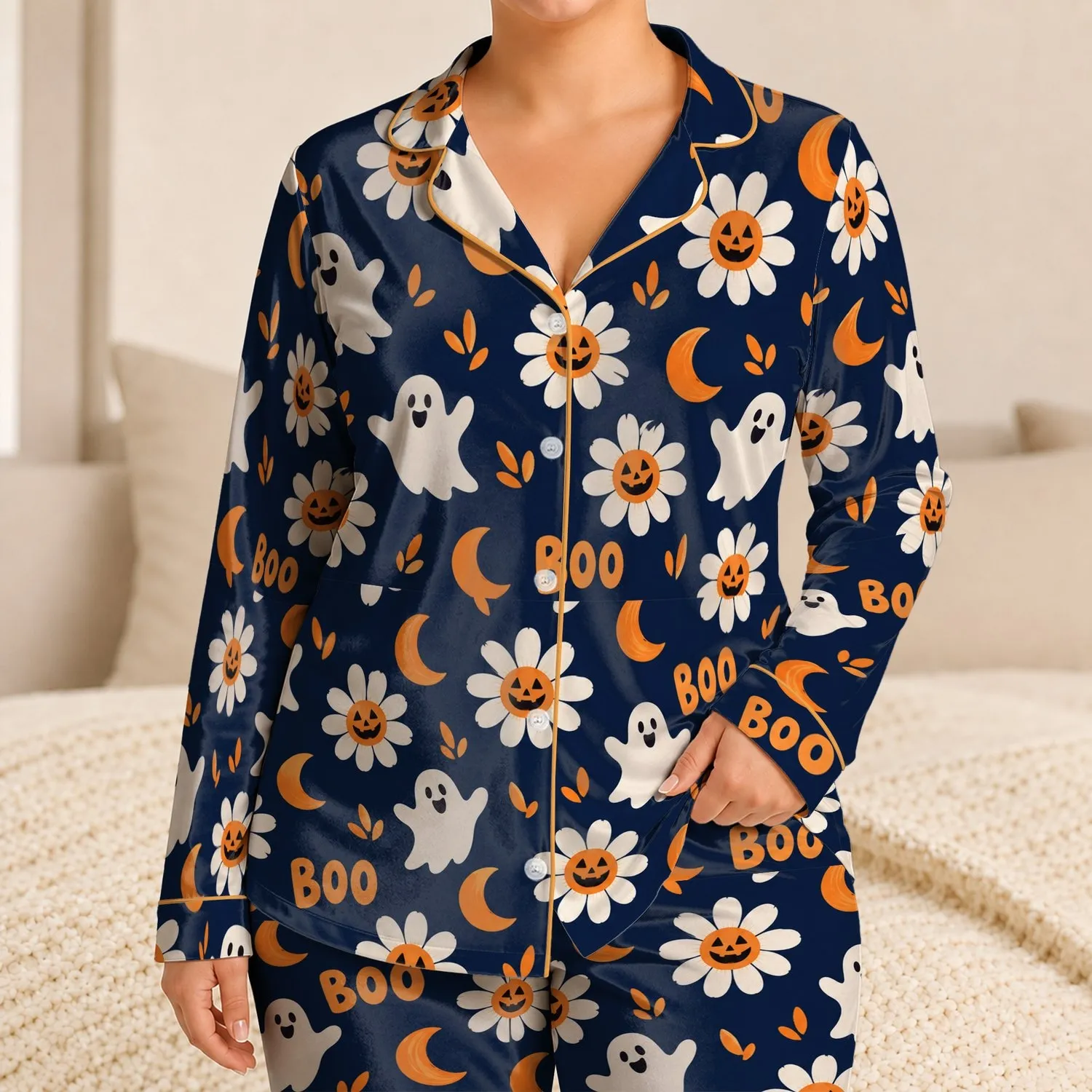 Halloween Pumpkin Daisies, Ghosts and Boo for Cozy October Nights for Little Ones Satin Pajamas Set - 1