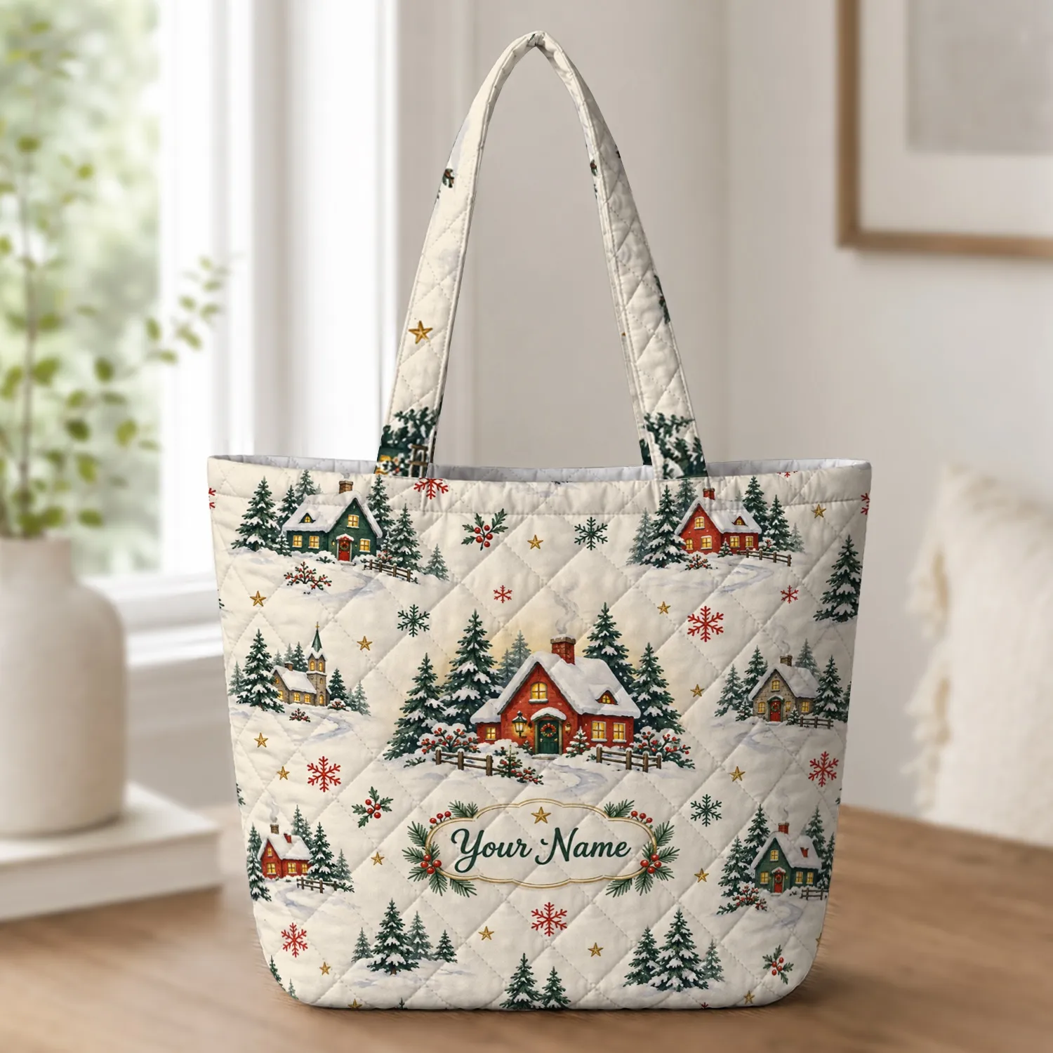 Snowy Christmas Village Sweater Motifs for Cozy Winter Holiday Celebrations for Her Quilted Tote Bag - 1