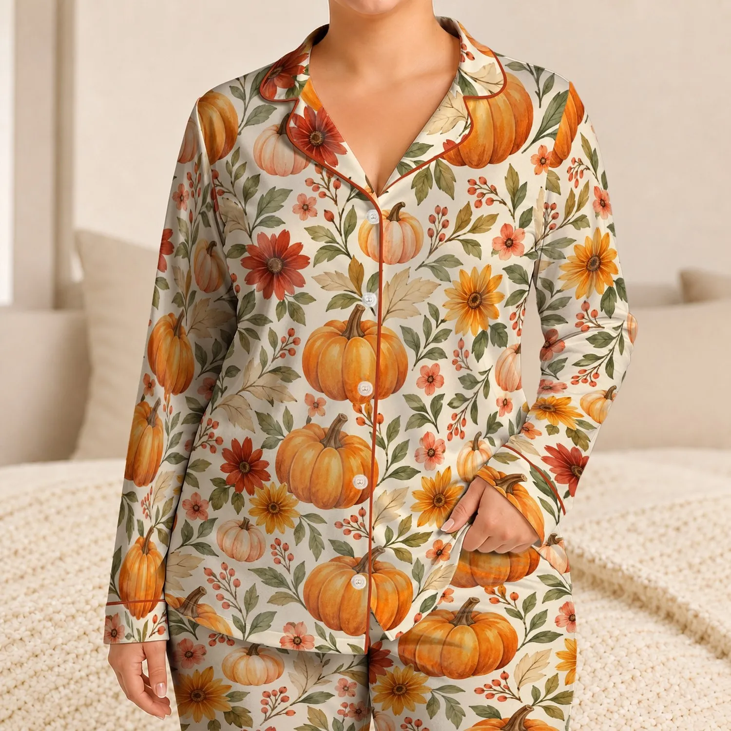 Watercolor Pumpkin Florals for Cozy Halloween Nights and Autumn Family Moments for Kids Satin Pajamas Set - 1