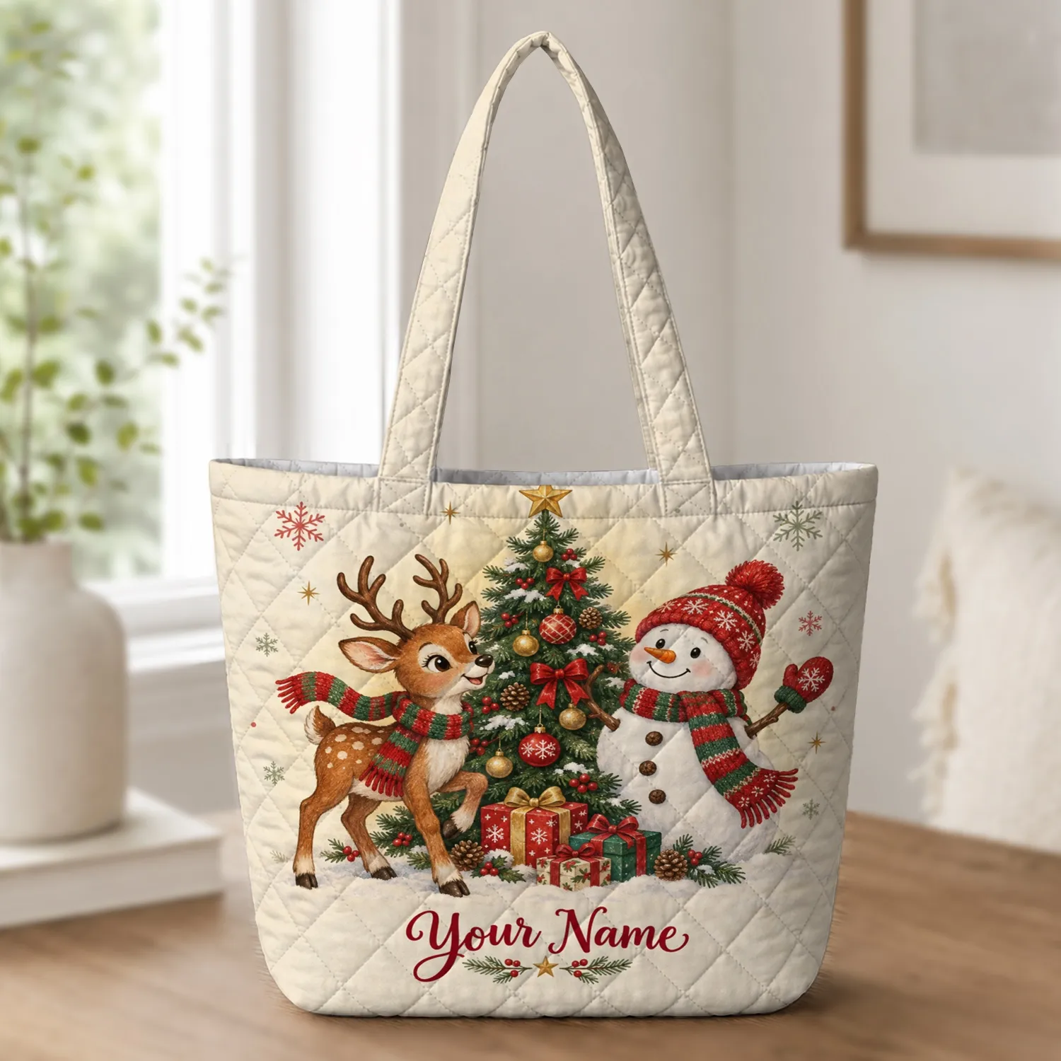 Reindeer, Snowman & Christmas Tree Holiday Cheer for Festive Winter Celebrations Quilted Tote Bag - 1