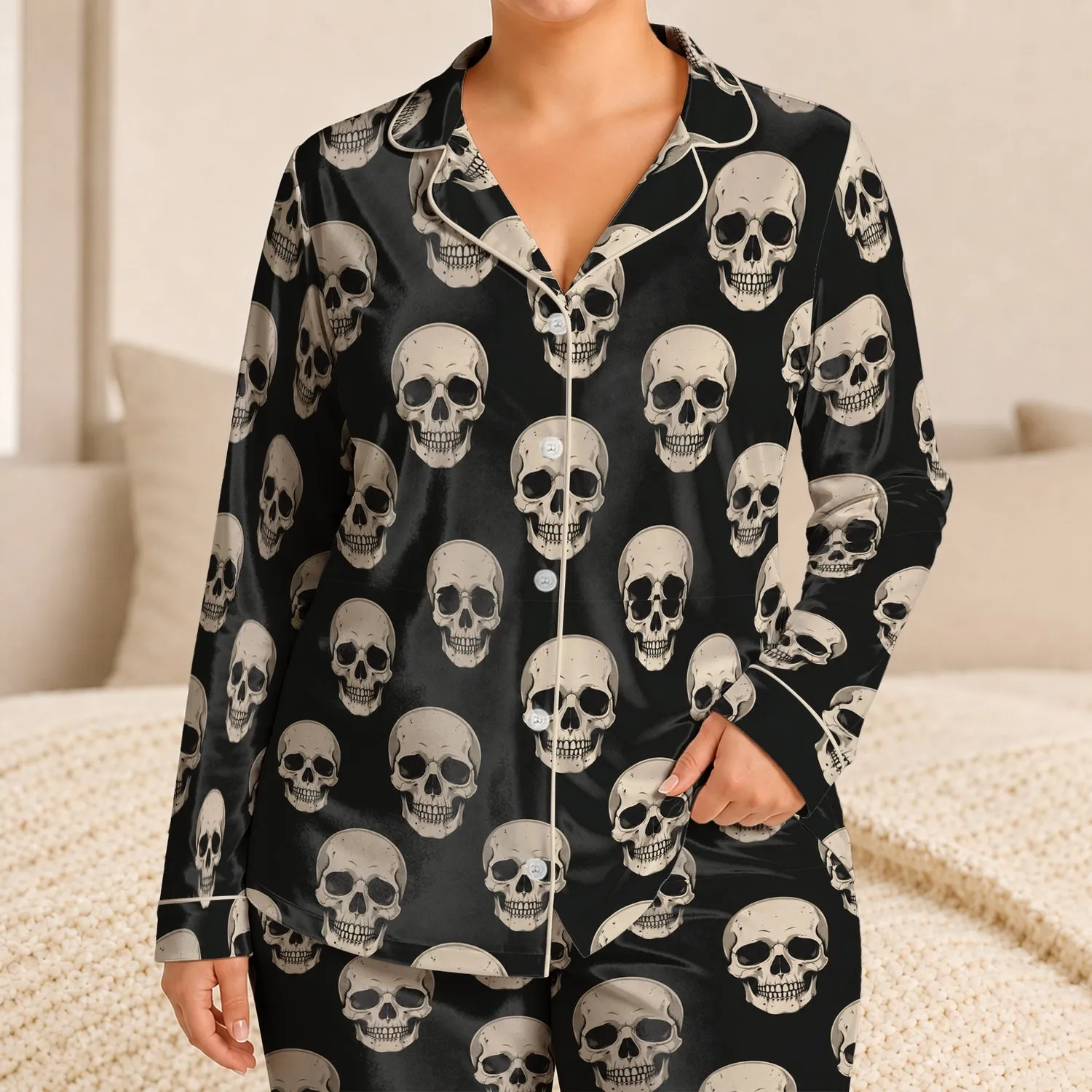 Ivory Skull Motifs for Moody Halloween Evenings and Cozy At-Home Lounging for Adults Satin Pajamas Set - 1