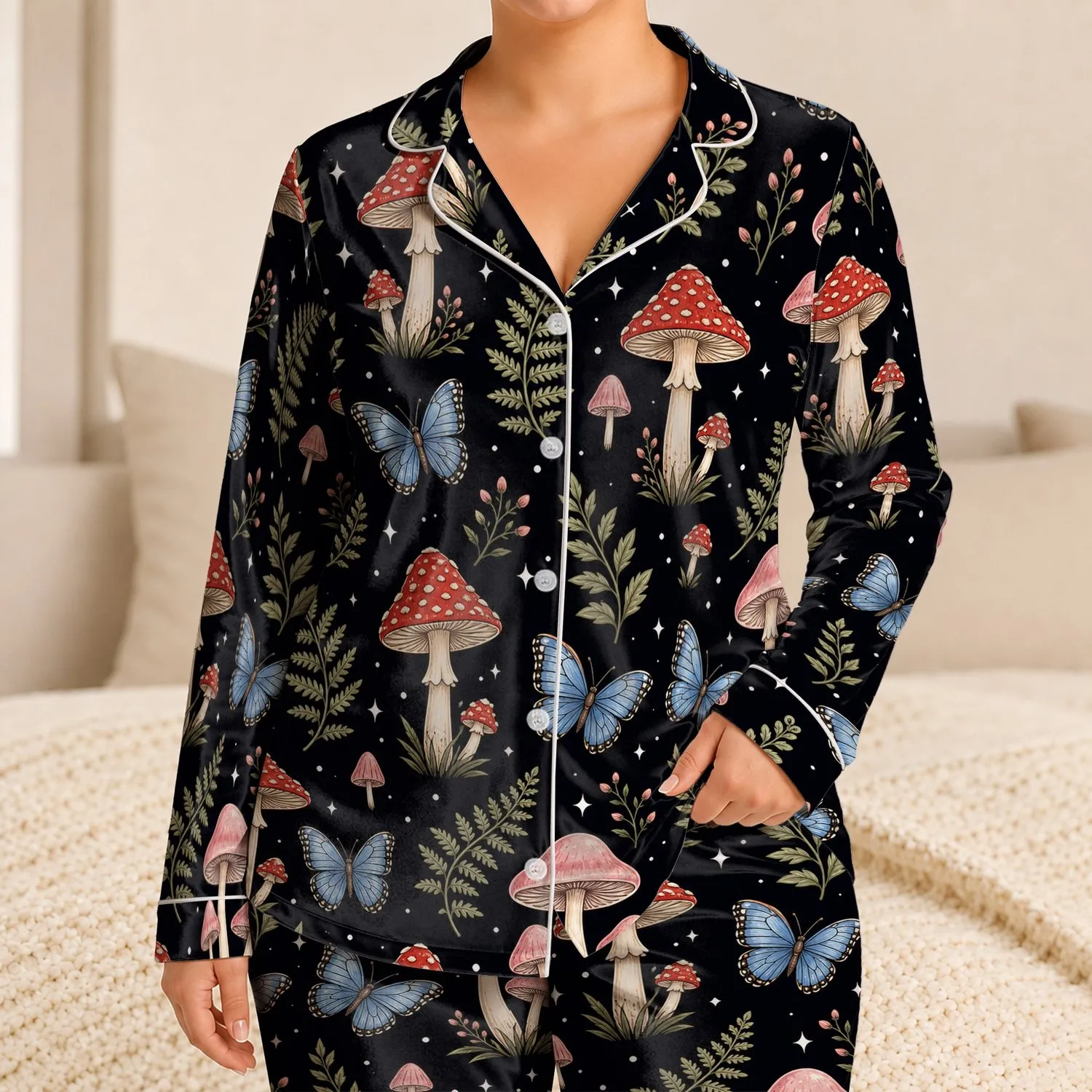 Moonlit Mushroom And Butterfly Cottagecore For Cozy Evenings, Gifts, And Lounging Satin Pajamas Set - 1