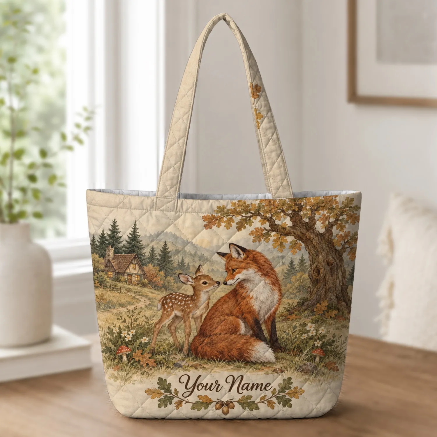 Woodland Fox and Fawn Forest Scene for Cottagecore Fall Nature Lovers Quilted Tote Bag - 1