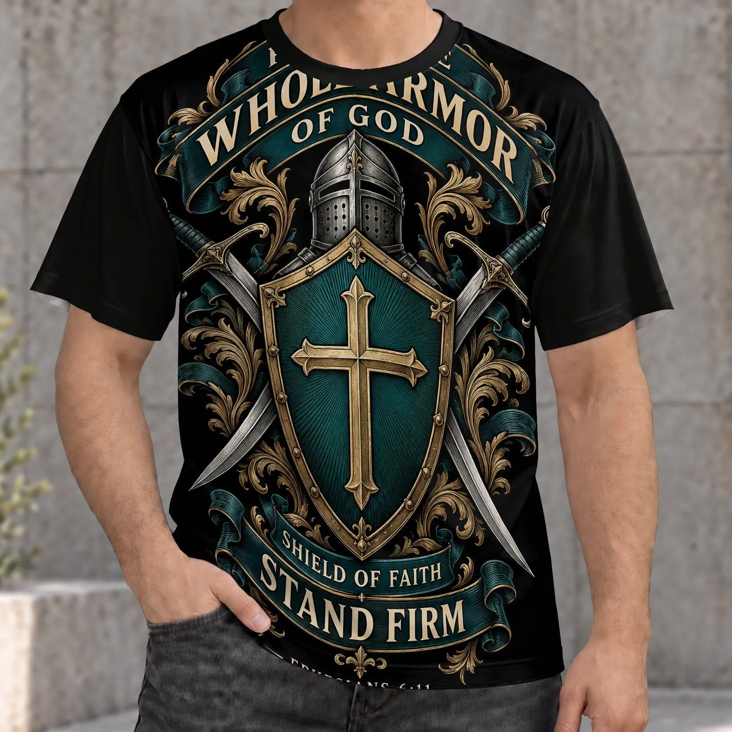 Christian Shield Of Faith And Cross Sword For Church Worship And Bible Study Men All-over Print Unisex T-shirt - 1