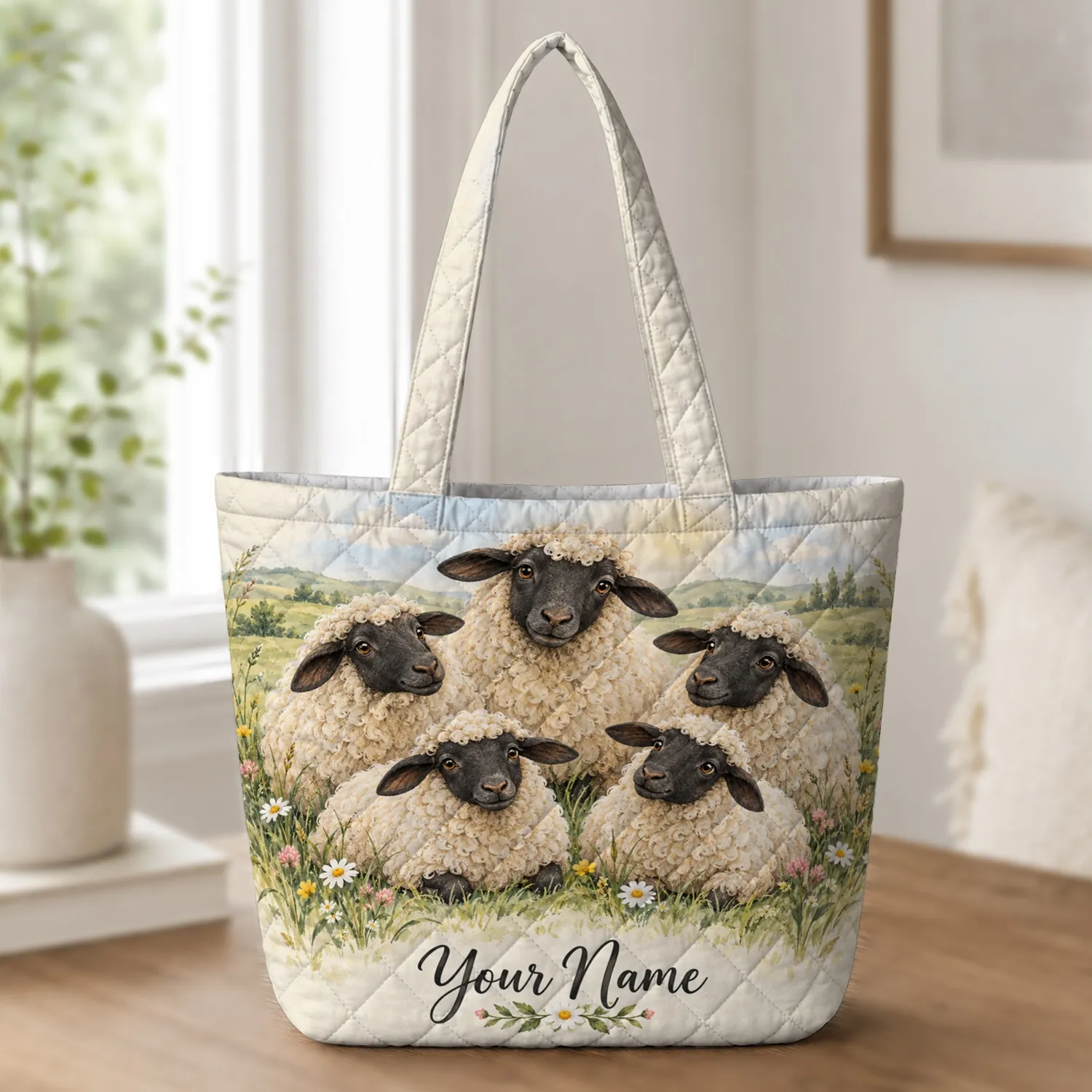 Black-Faced Sheep in Wildflower Meadow for Farm Days and Country-Loving Sheep Lovers Quilted Tote Bag - 1