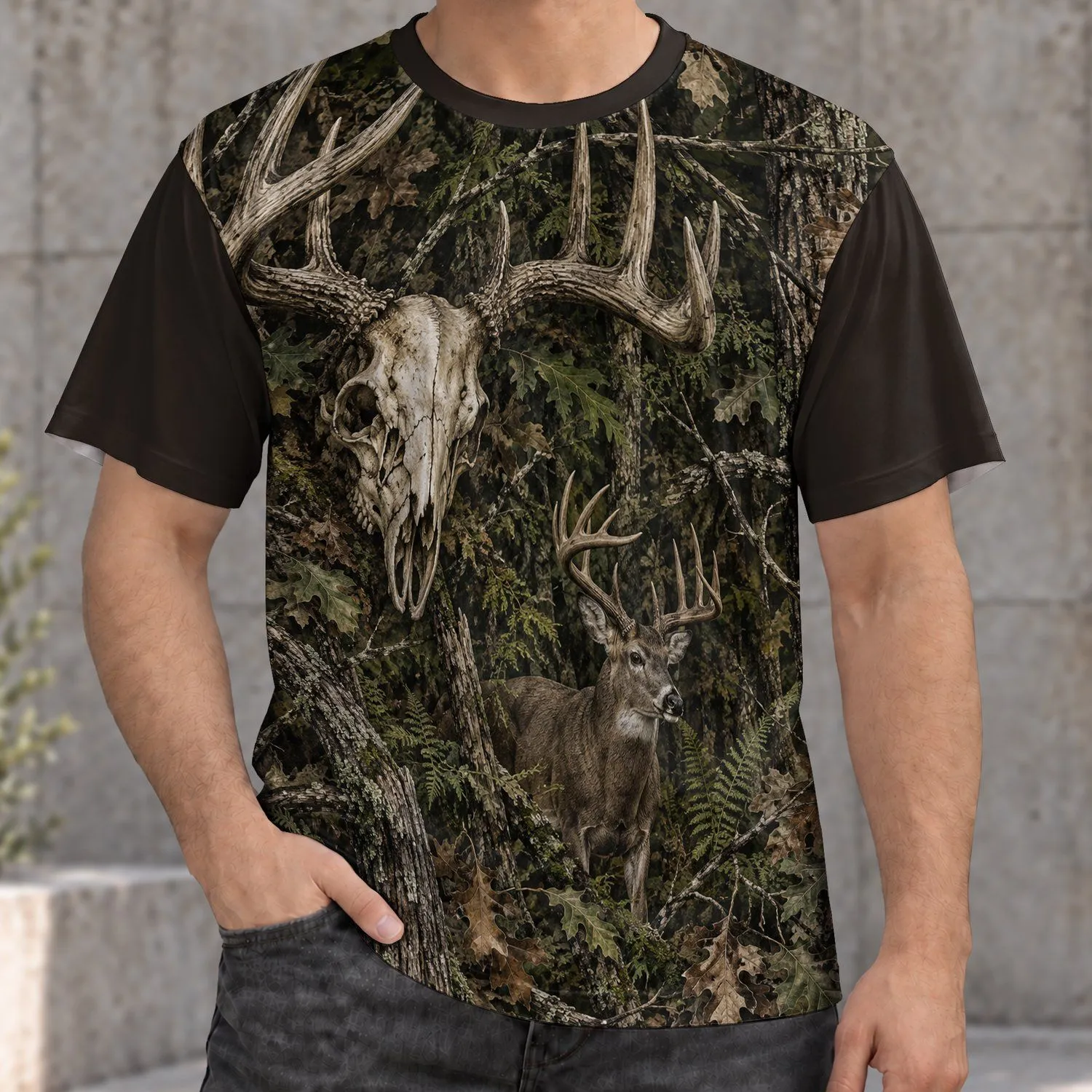 Detailed Deer Skull And Whitetail Forest Camo For Hunting Season And Outdoor Men All-over Print Unisex T-shirt - 1