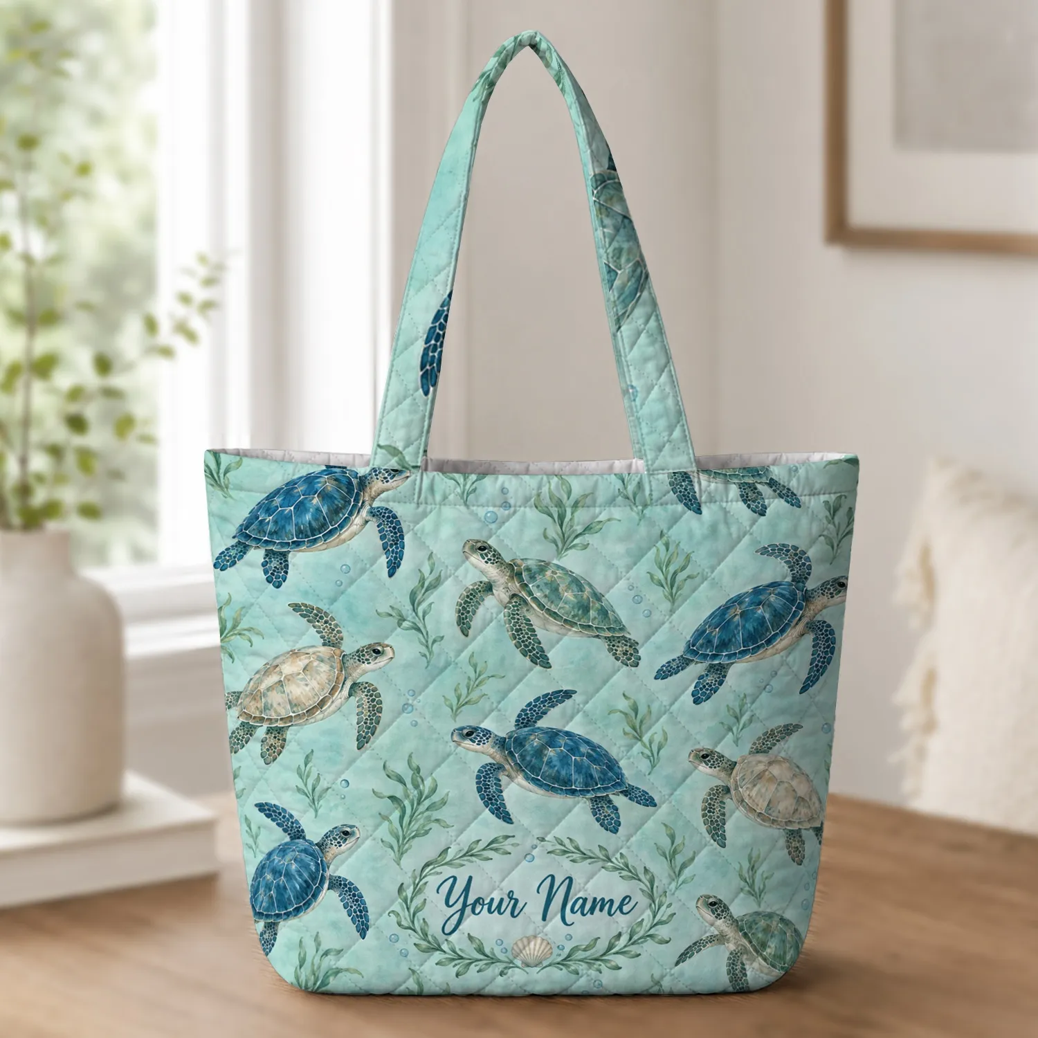 Sea Turtle Ocean Scenes for Coastal Getaways and Everyday Carry for Turtle Lovers Women Quilted Tote Bag - 1