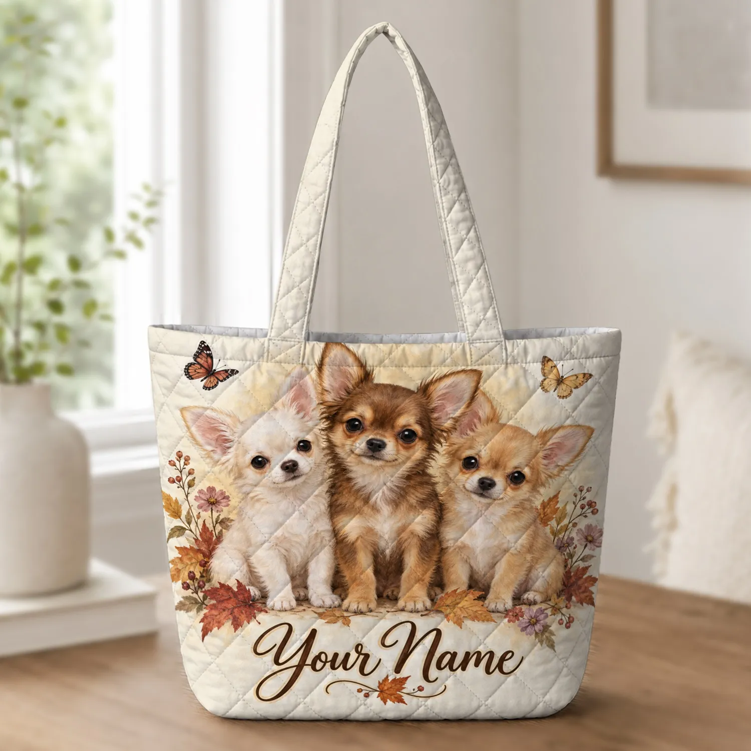 Three Chihuahua Puppies with Autumn Leaves for Cozy Fall Dog Mom Gifting Quilted Tote Bag - 1