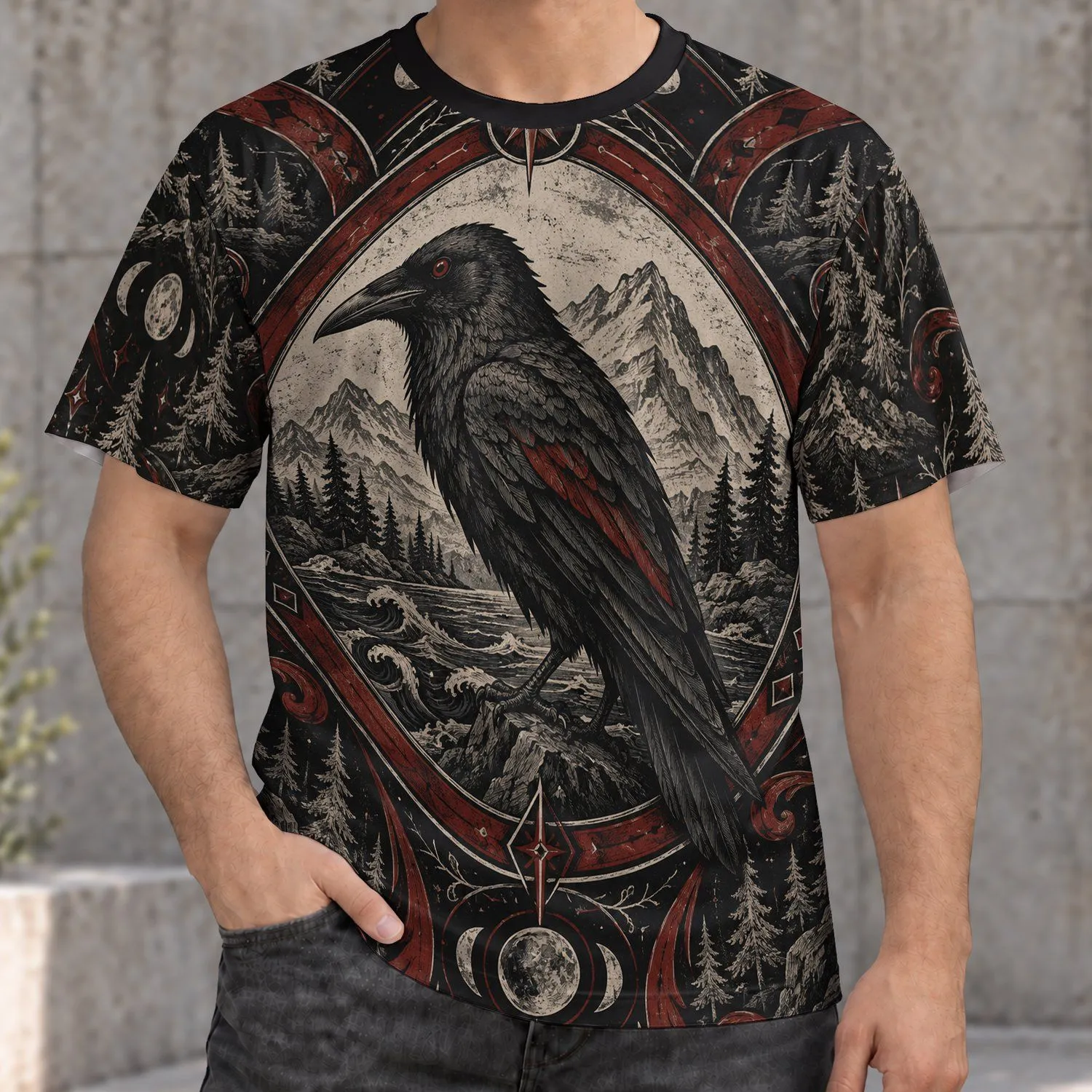 Raven Totem, Mountain Pines & Vintage Folk Style for Outdoor Heritage Enthusiasts All-over Print Unisex T-shirt - 1