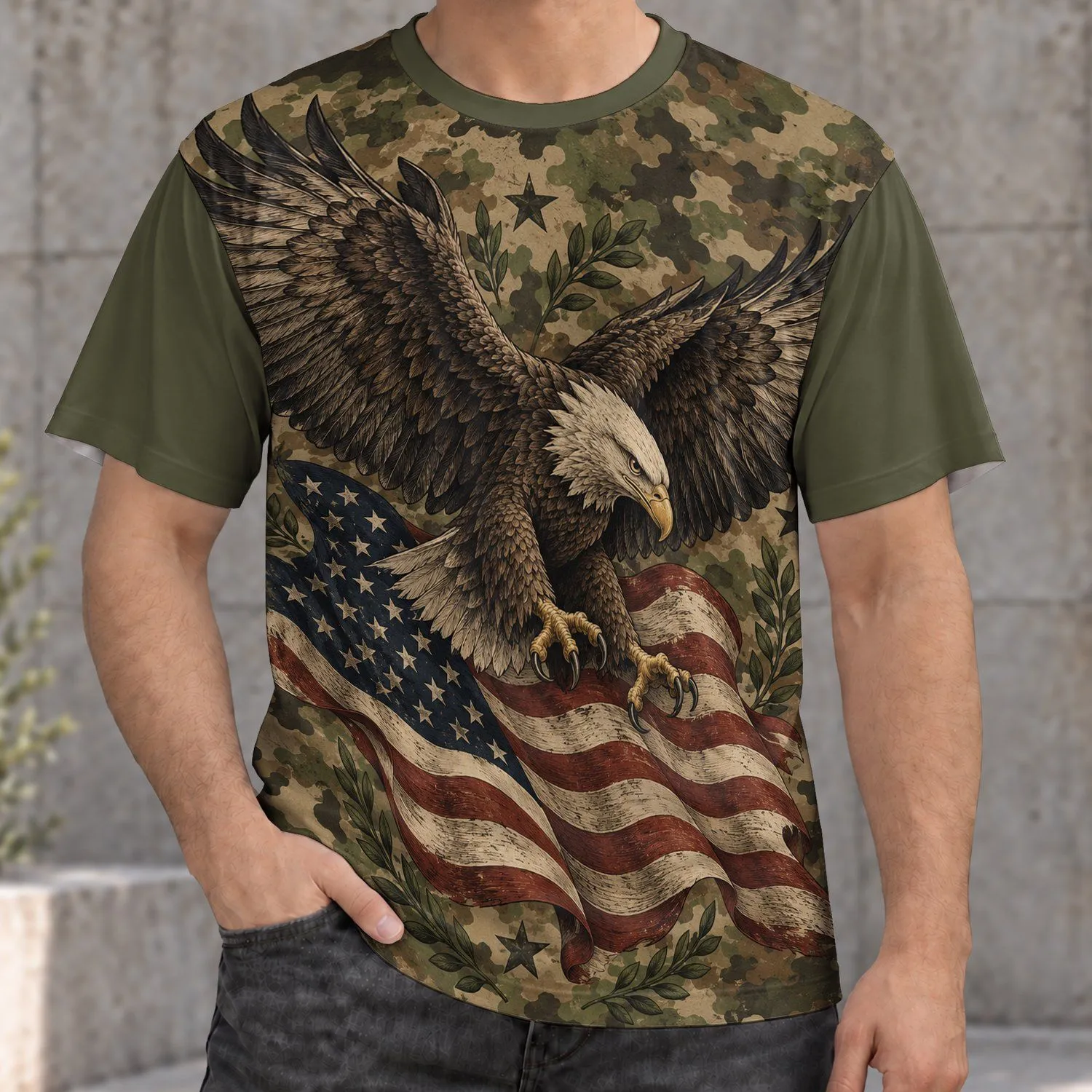 Bald Eagle And American Flag Camouflage For Independence Day And Everyday Adventures All-over Print Unisex T-shirt - 1