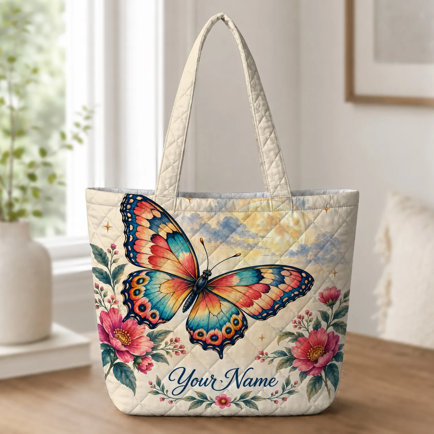 Moonlit Butterfly And Floral Garden Art For Nature Lovers And Evening Strolls Quilted Tote Bag - 1