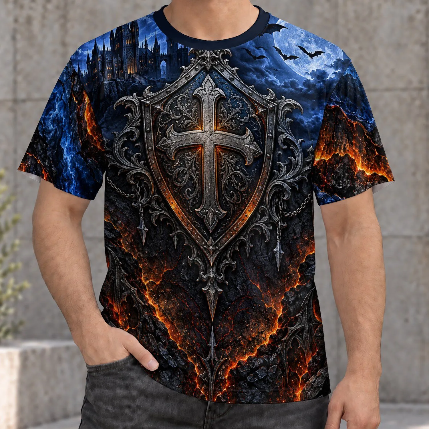 Gothic Cross Shield and Moonlit Castle for Dark Fantasy Nights and Casual Wear All-over Print Unisex T-shirt - 1