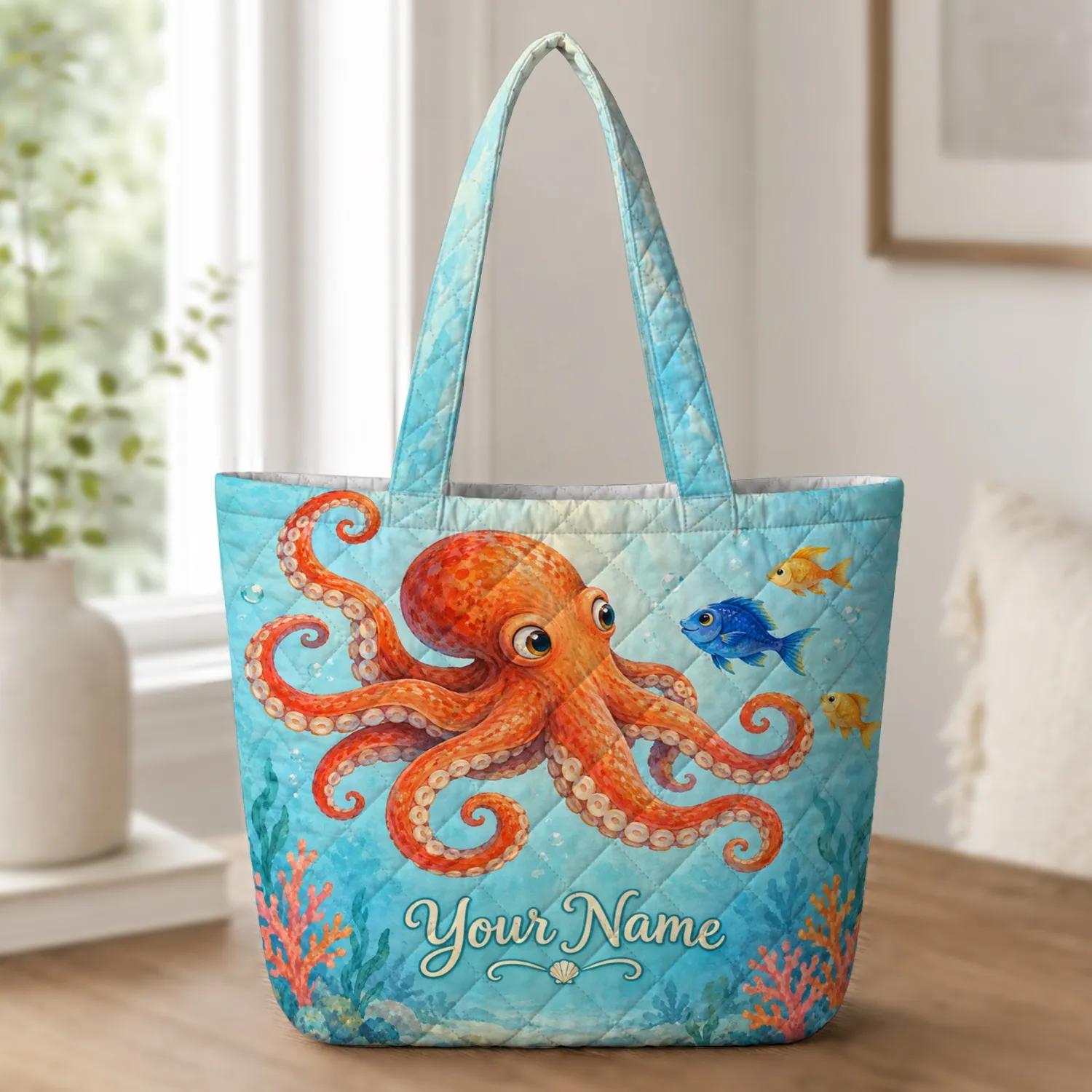 Octopus Ocean Scene for Beach Days and Coastal Getaways for Coastal Sea Life Lovers Quilted Tote Bag - 1