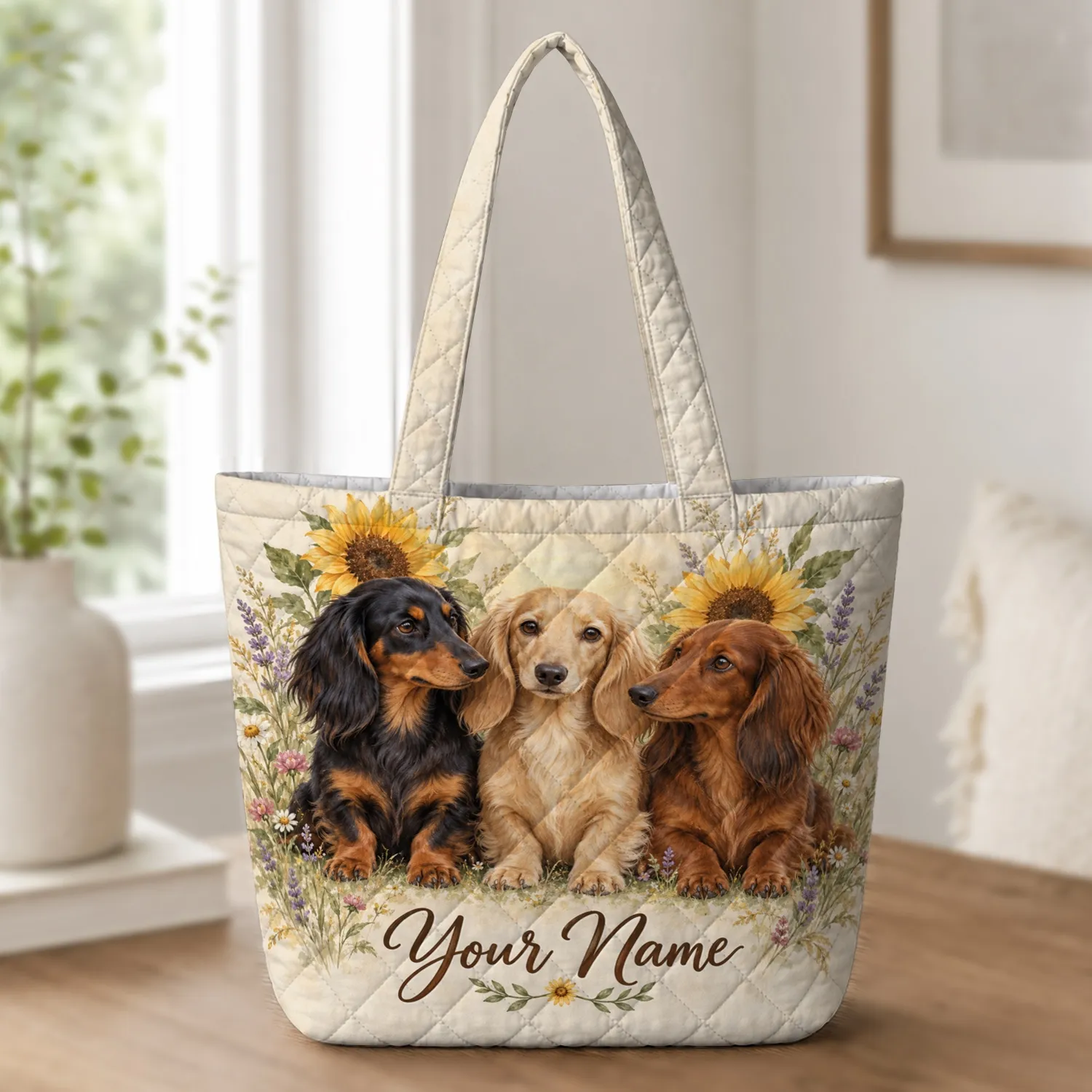 Three Dachshunds Among Sunflowers for Autumn Outings and Gifts for Dog Lovers Quilted Tote Bag - 1