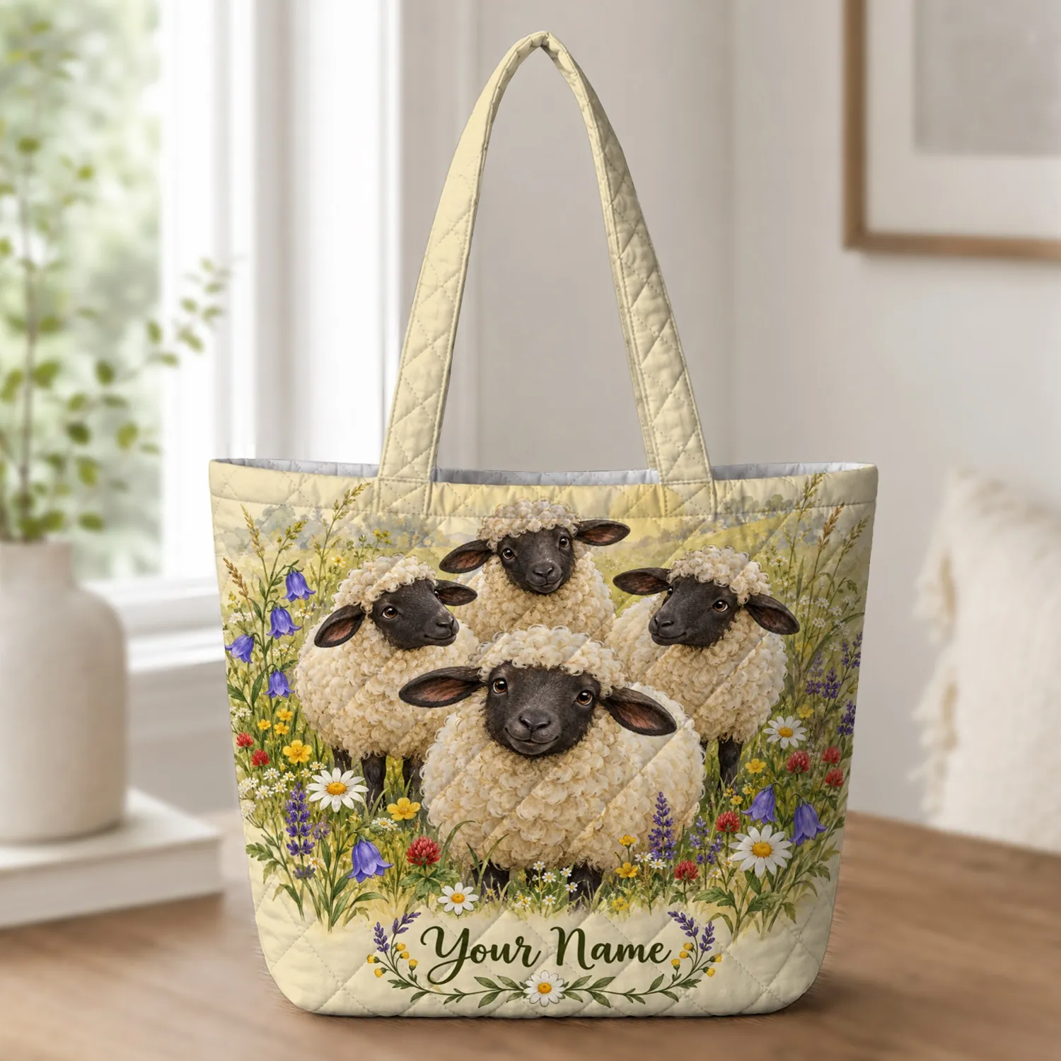 Black-Faced Sheep in a Wildflower Meadow for Country Days and Sheep Lover Gifts Quilted Tote Bag - 1