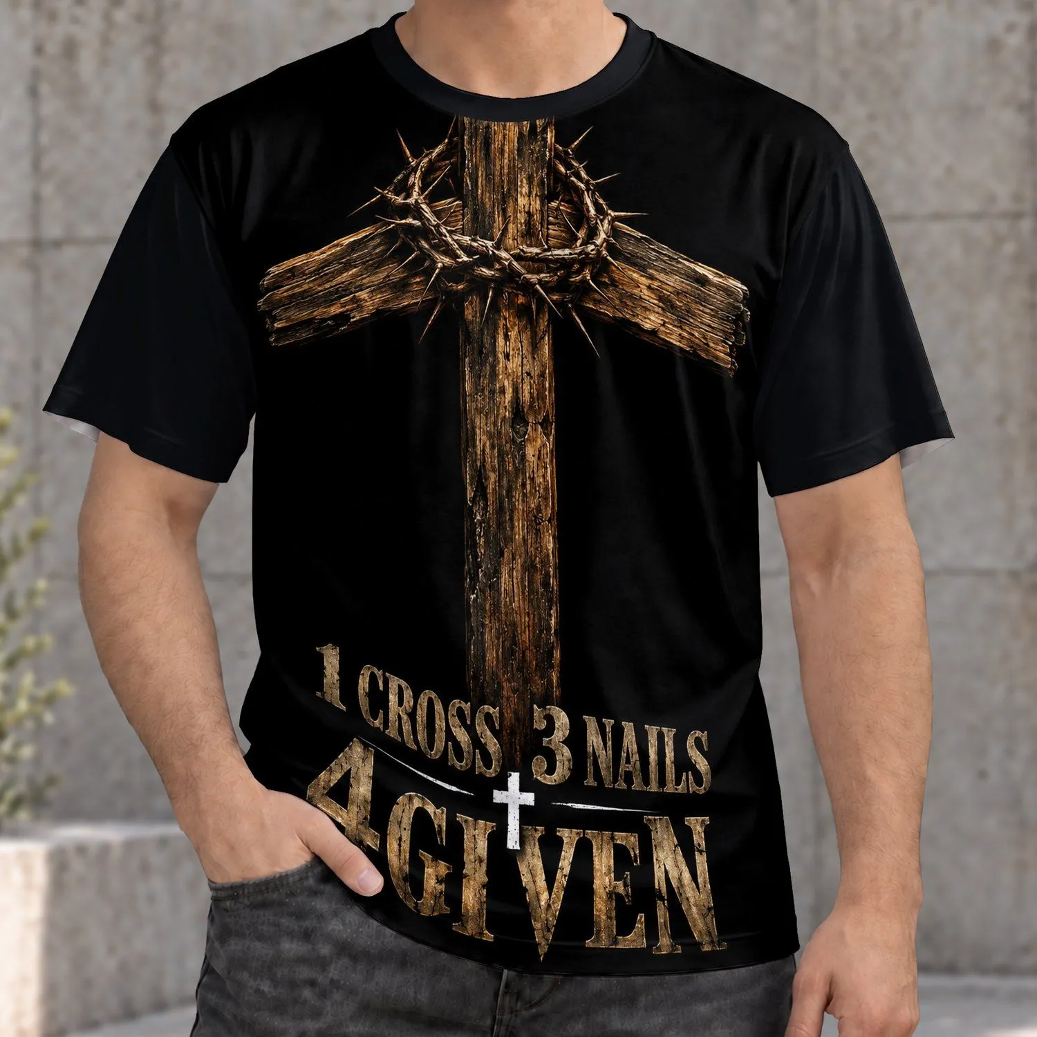 Rustic Wooden Cross and Crown of Thorns for Church Worship and Christian Faith Devotion All-over Print Unisex T-shirt - 1