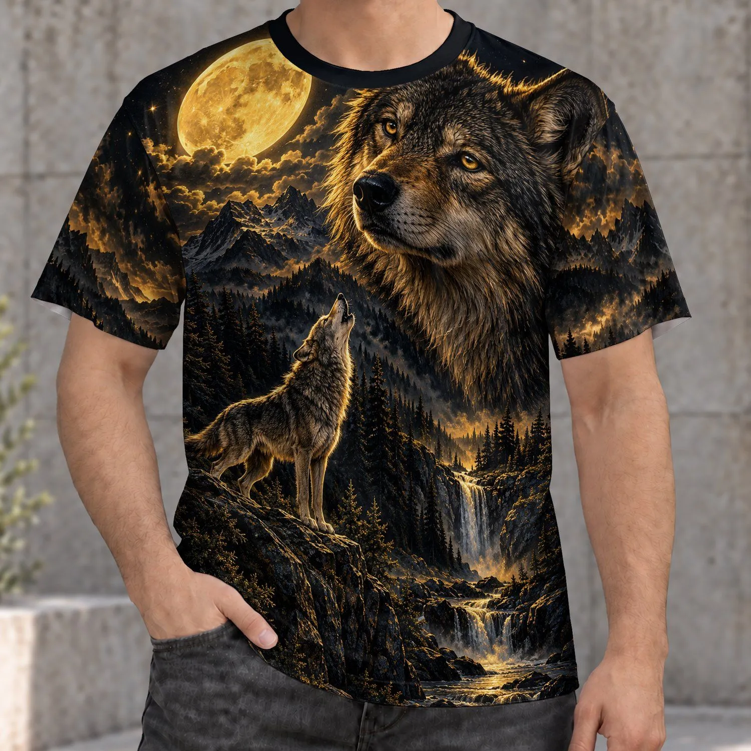 Howling Wolves Beneath a Golden Full Moon for Camping and Wilderness Adventures Outdoors All-over Print Unisex T-shirt - 1
