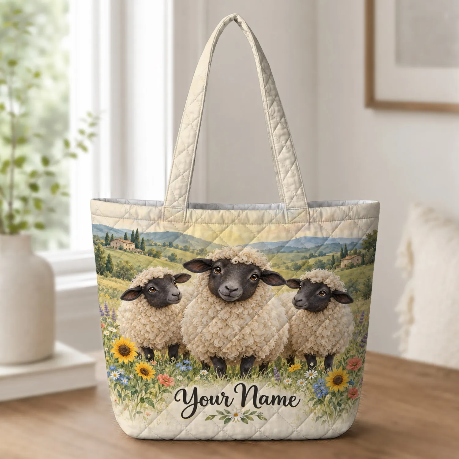 Three Sheep in a Wildflower Meadow for Farmhouse Country Living and Sheep Lovers Quilted Tote Bag - 1