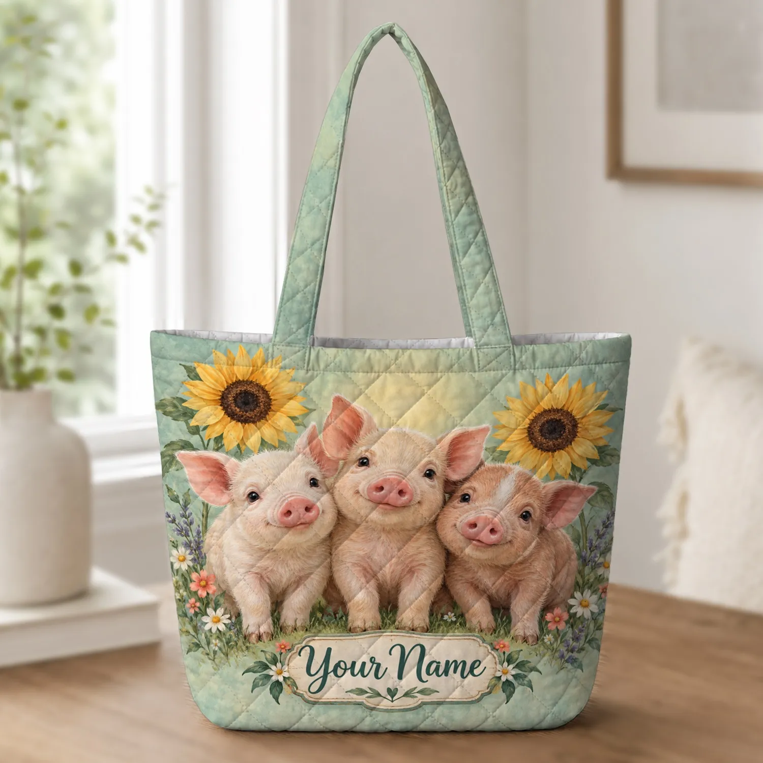 Three Piglets With Sunflowers For Country Living And Farmhouse Gift Giving For Women Quilted Tote Bag - 1