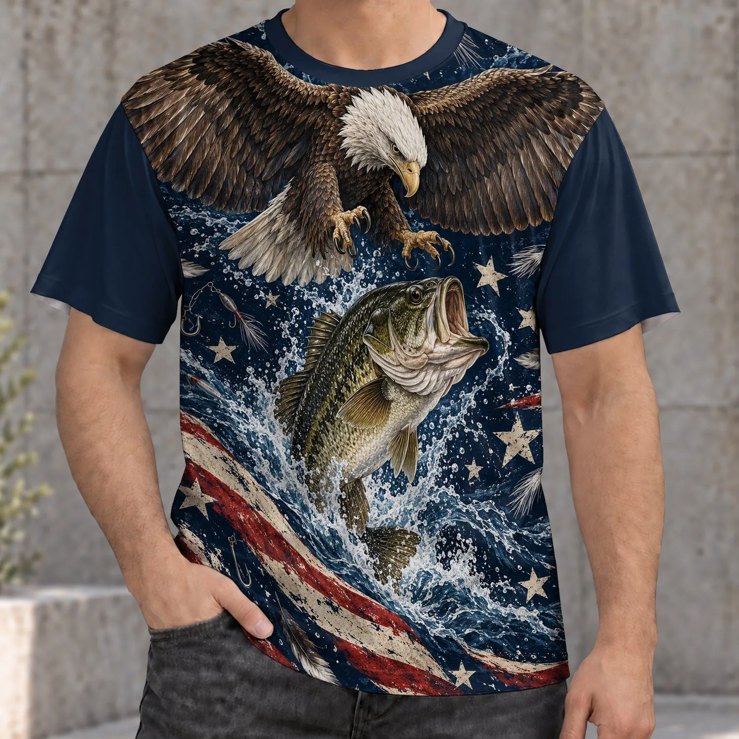 Bald Eagle And Leaping Bass American Flag Tribute For Fishing And Outdoor Weekends All-over Print Unisex T-shirt - 1