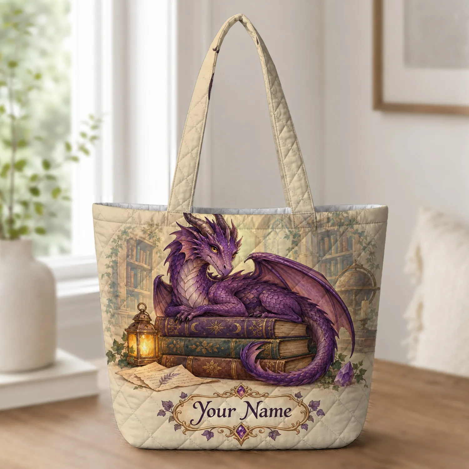 Regal Purple Dragon With Enchanted Books for Fantasy Reading and Dragon Lover Gifts Quilted Tote Bag - 1