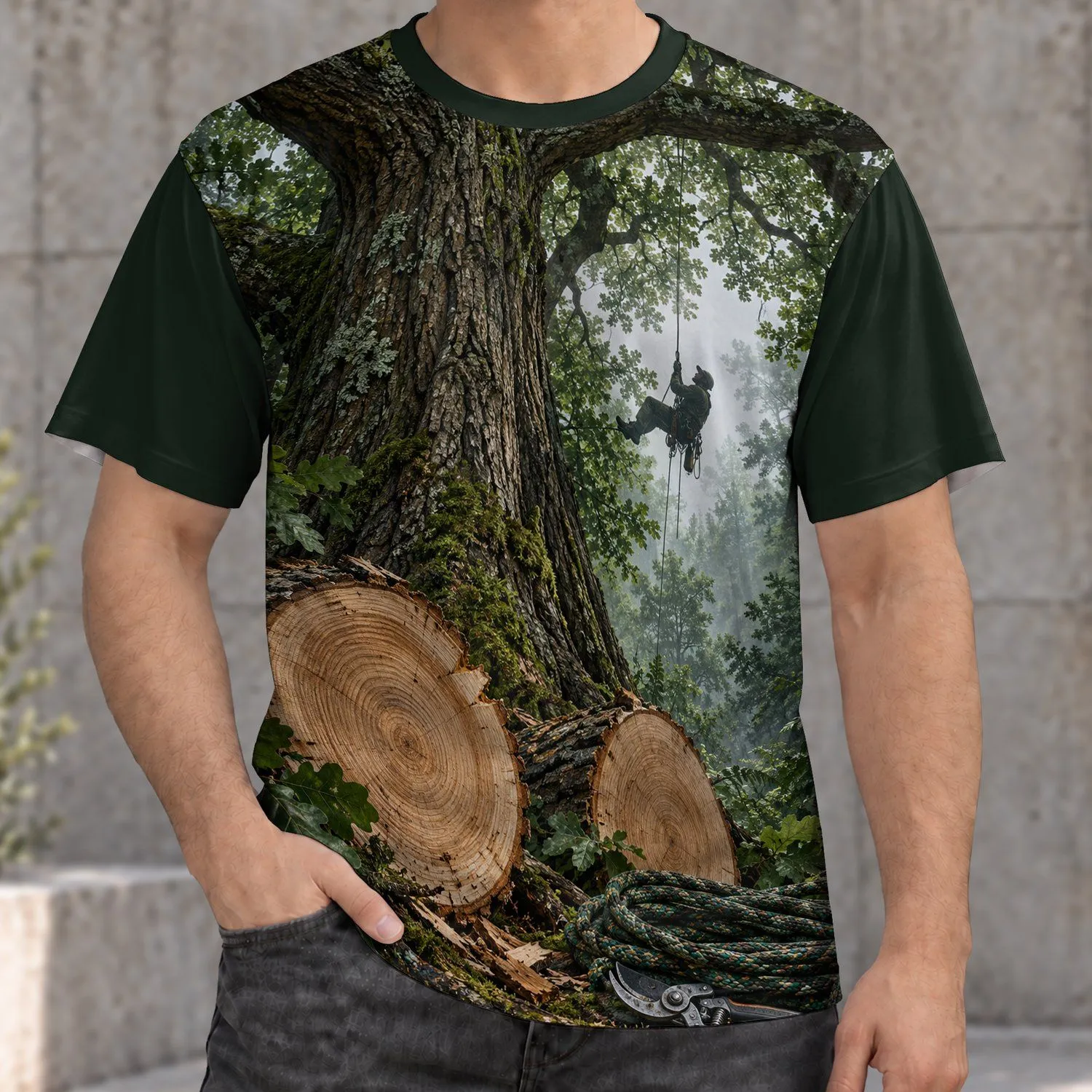 Forest Tree Climber Woodland Scene for Hiking, Arborist Work and Outdoor Adventure All-over Print Unisex T-shirt - 1