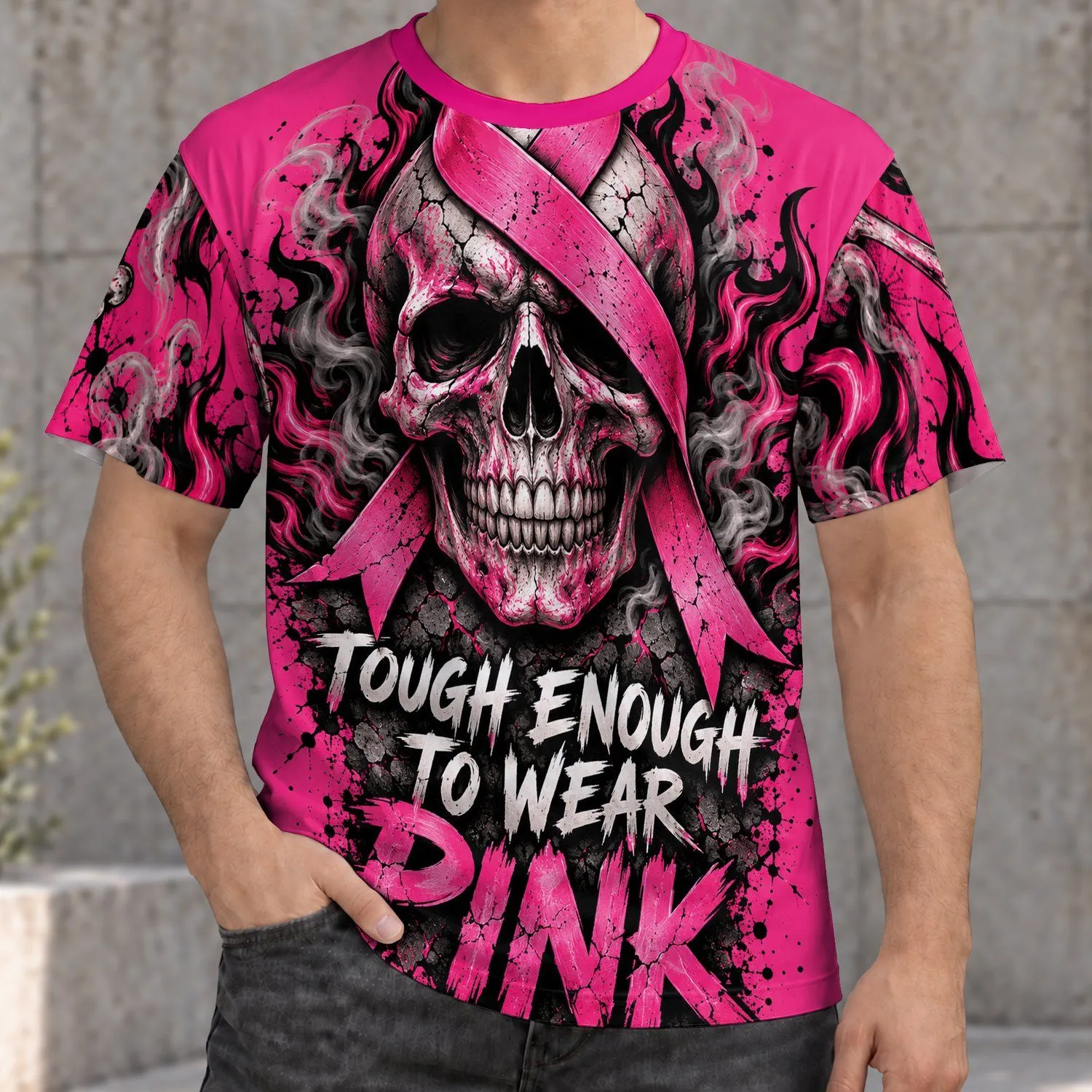 Pink Ribbon Skull for Breast Cancer Awareness Support and Resilience Gift All-over Print Unisex T-shirt - 1
