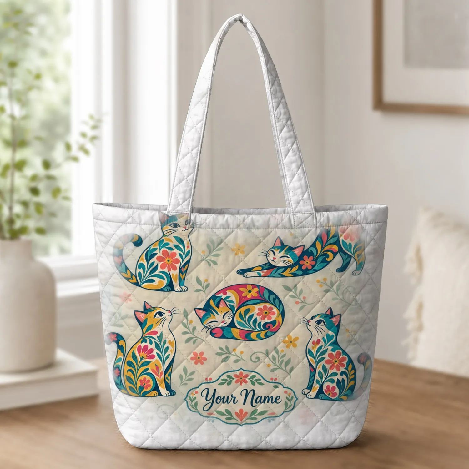 Colorful Folk Art Cats for Everyday Pet Lovers, Cat Moms and Animal Lover Gifts Quilted Tote Bag - 1
