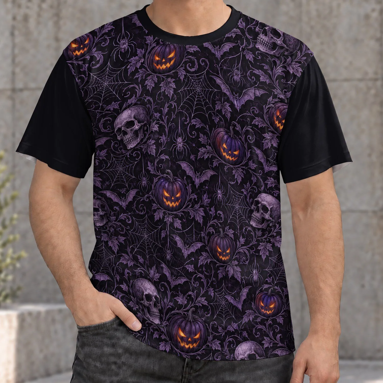 Purple Halloween Skull And Pumpkin Motifs For Spooky October Nights And Gothic Style All-over Print Unisex T-shirt - 1