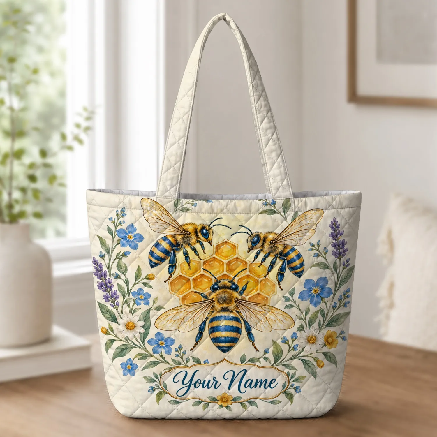 Golden Honeycomb Bees and Garden Blooms for Spring Birthday Gifts for Nature Lovers Quilted Tote Bag - 1