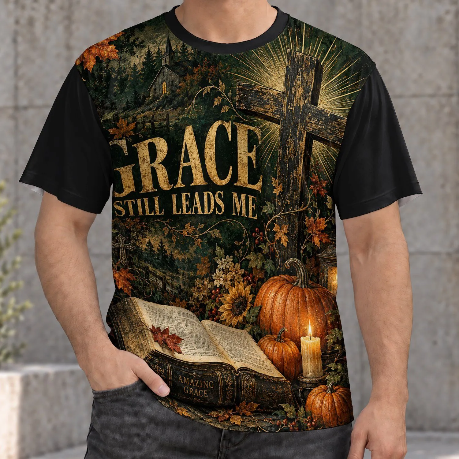 Autumn Grace Cross, Open Bible and Pumpkin for Fall Faith and Cozy Home Devotion All-over Print Unisex T-shirt - 1