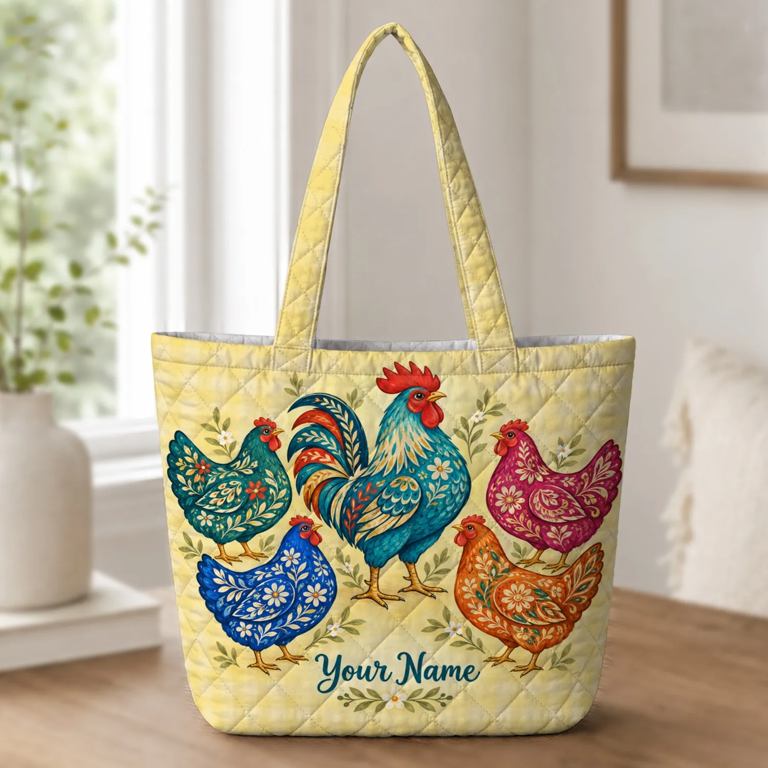 Colorful Rooster and Hens for Farmhouse Holiday Gifting and Country Style Lovers Quilted Tote Bag - 1