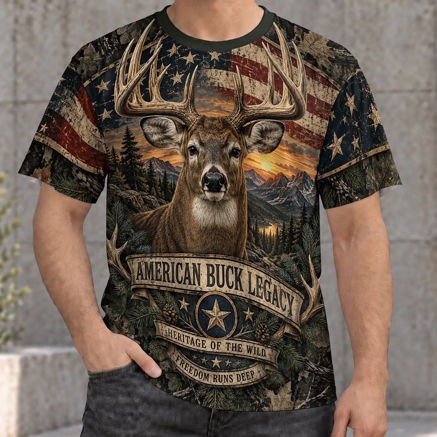 American Buck Wilderness Scene for Rustic Outdoor Leisure and Hunting Camp Style All-over Print Unisex T-shirt - 1