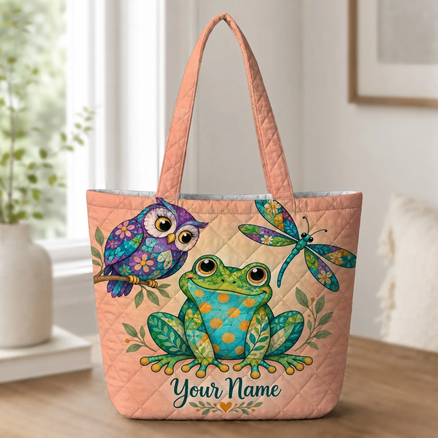 Colorful Frog, Owl & Dragonfly Garden Companions for Nature Lovers and Birthday Gifting Quilted Tote Bag - 1