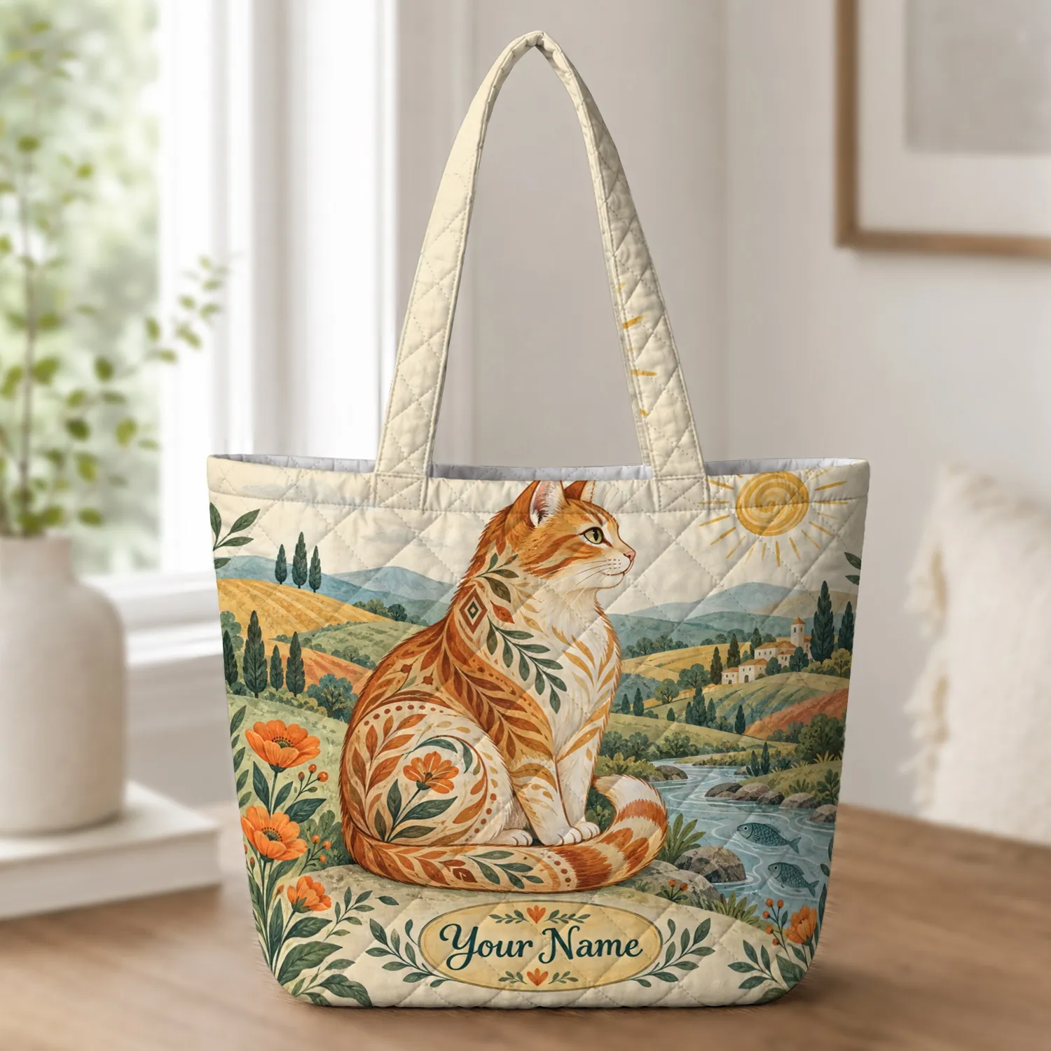 Folk Art Cat Beneath Golden Sun for Nature Lovers and Thoughtful Pet Lover Gifts Quilted Tote Bag - 1