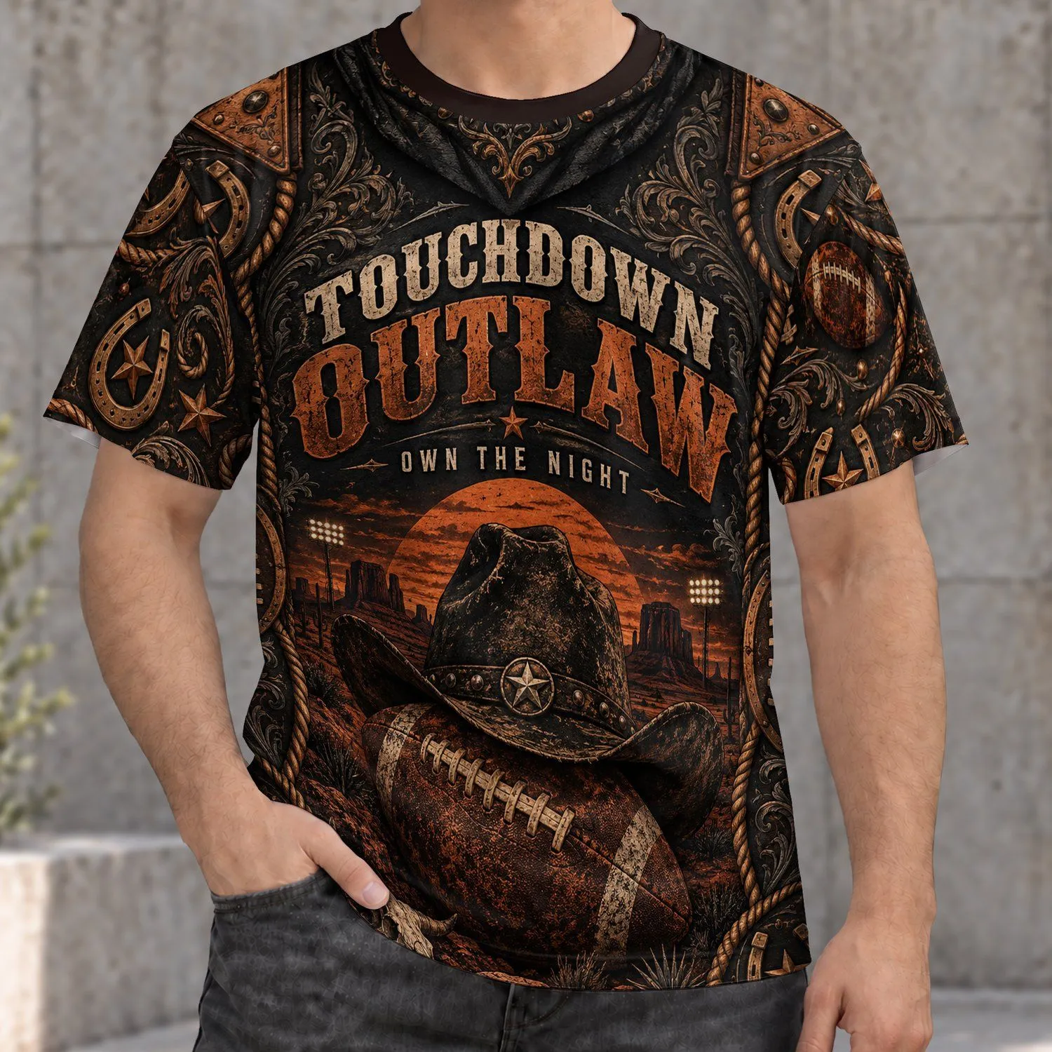 Western Football Outlaw Cowboy Motif for Game Day and Rodeo Nights for Men and Fans All-over Print Unisex T-shirt - 1