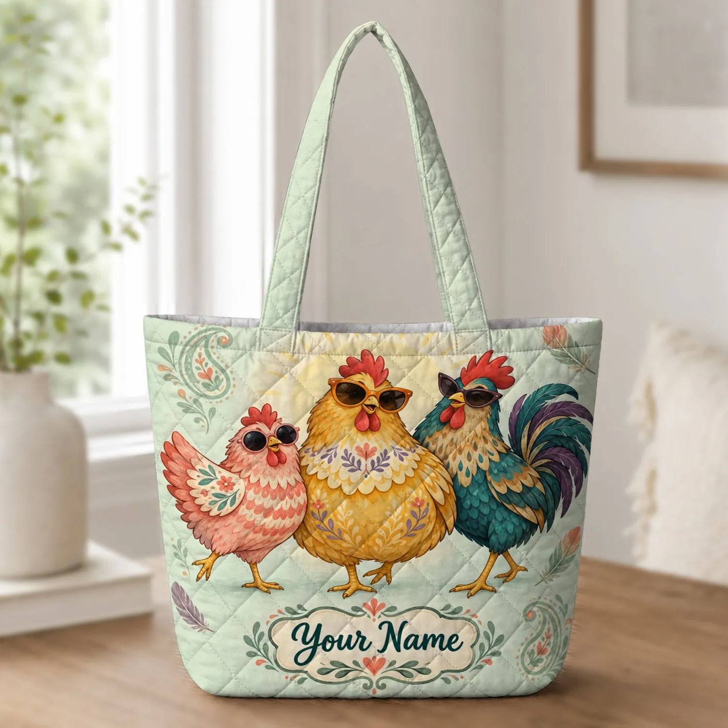 Colorful Chicken Trio with Sunglasses for Summer Outings and Nature Gifts for Her Quilted Tote Bag - 1