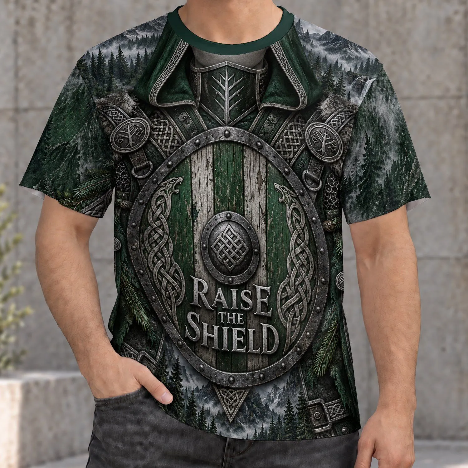 Norse Shield and Misty Forest Armor for Medieval Fantasy Adventures All-over Print Unisex T-shirt - 1