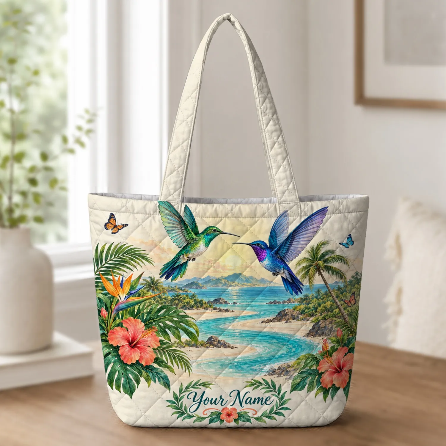 Tropical Hummingbirds and Island Lagoon for Summer Nature Lovers and Garden Gifts Quilted Tote Bag - 1