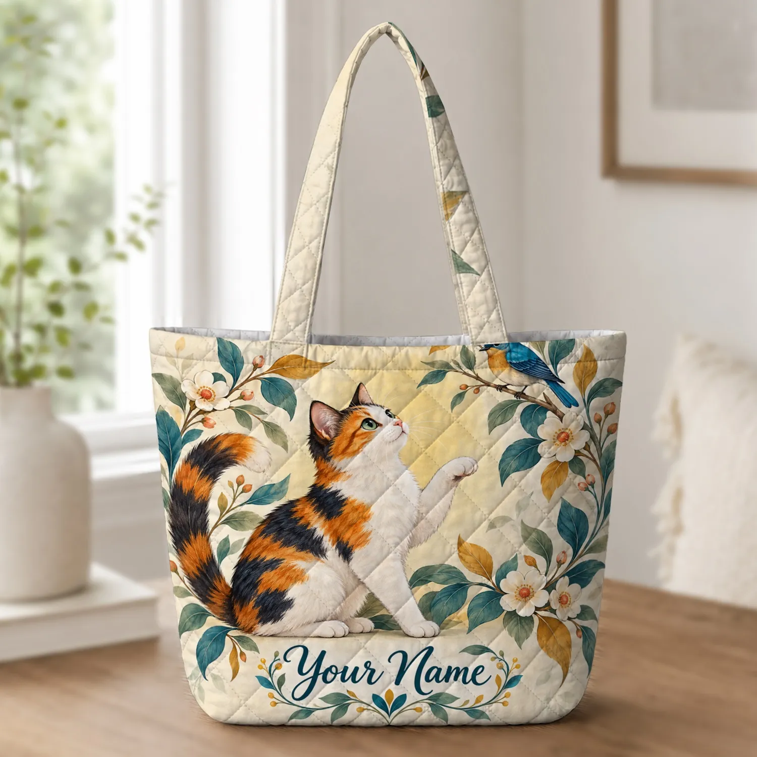 Calico Cat and Bluebird in a Botanical Garden for Cozy Nature Lovers and Cat Fans Quilted Tote Bag - 1