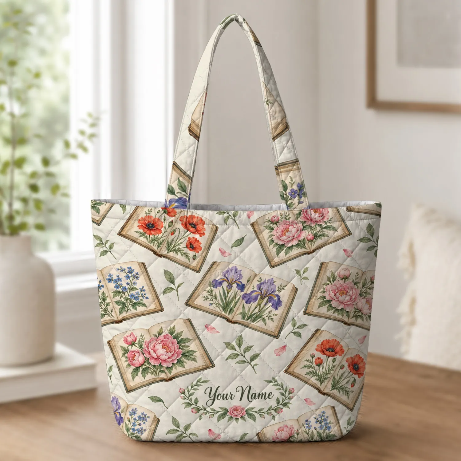 Watercolor Flower Books for Garden Reading Days and Thoughtful Gifts for Bookish Teachers Quilted Tote Bag - 1