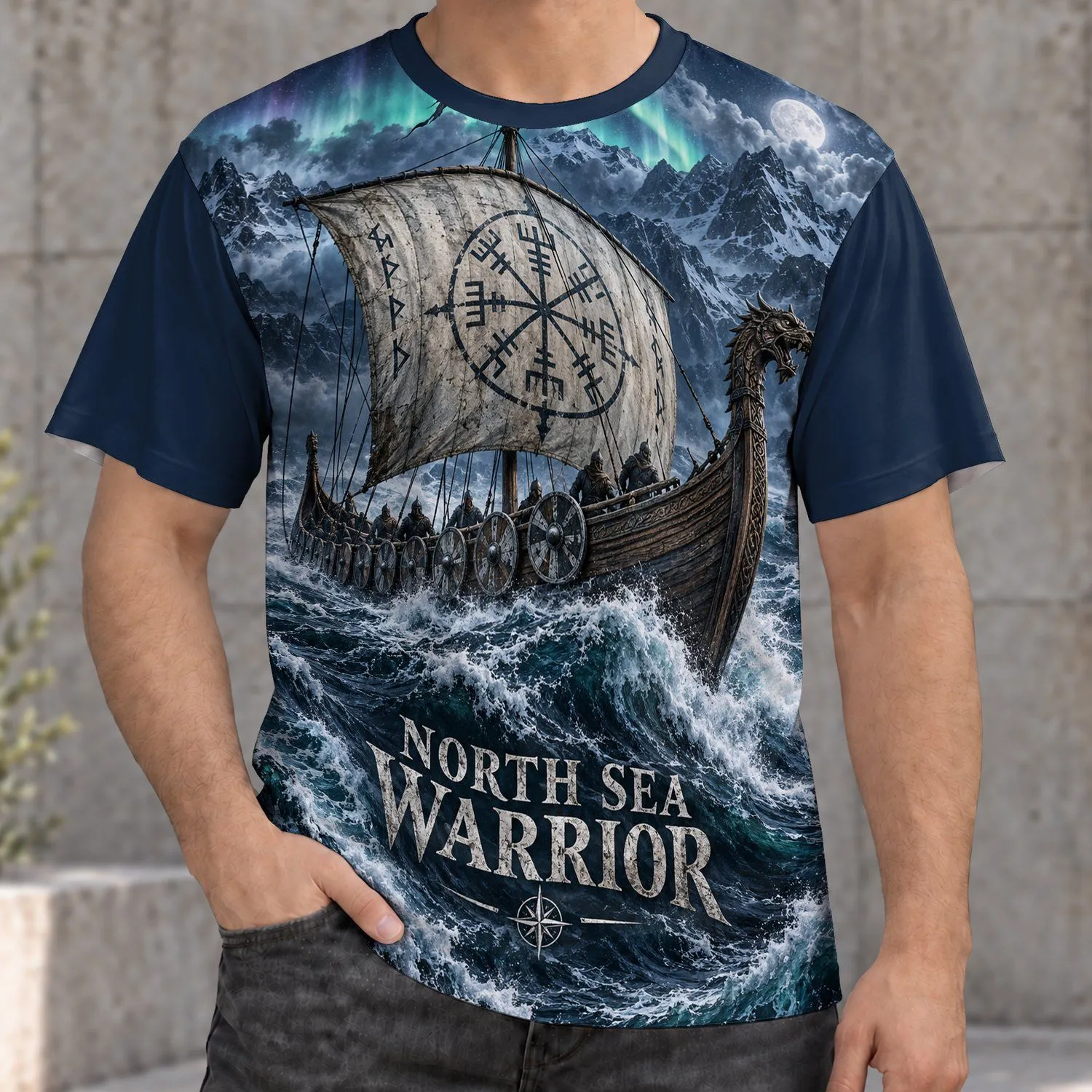 Viking Longship in Stormy Arctic Seas for Norse Mythology Fans All-over Print Unisex T-shirt - 1