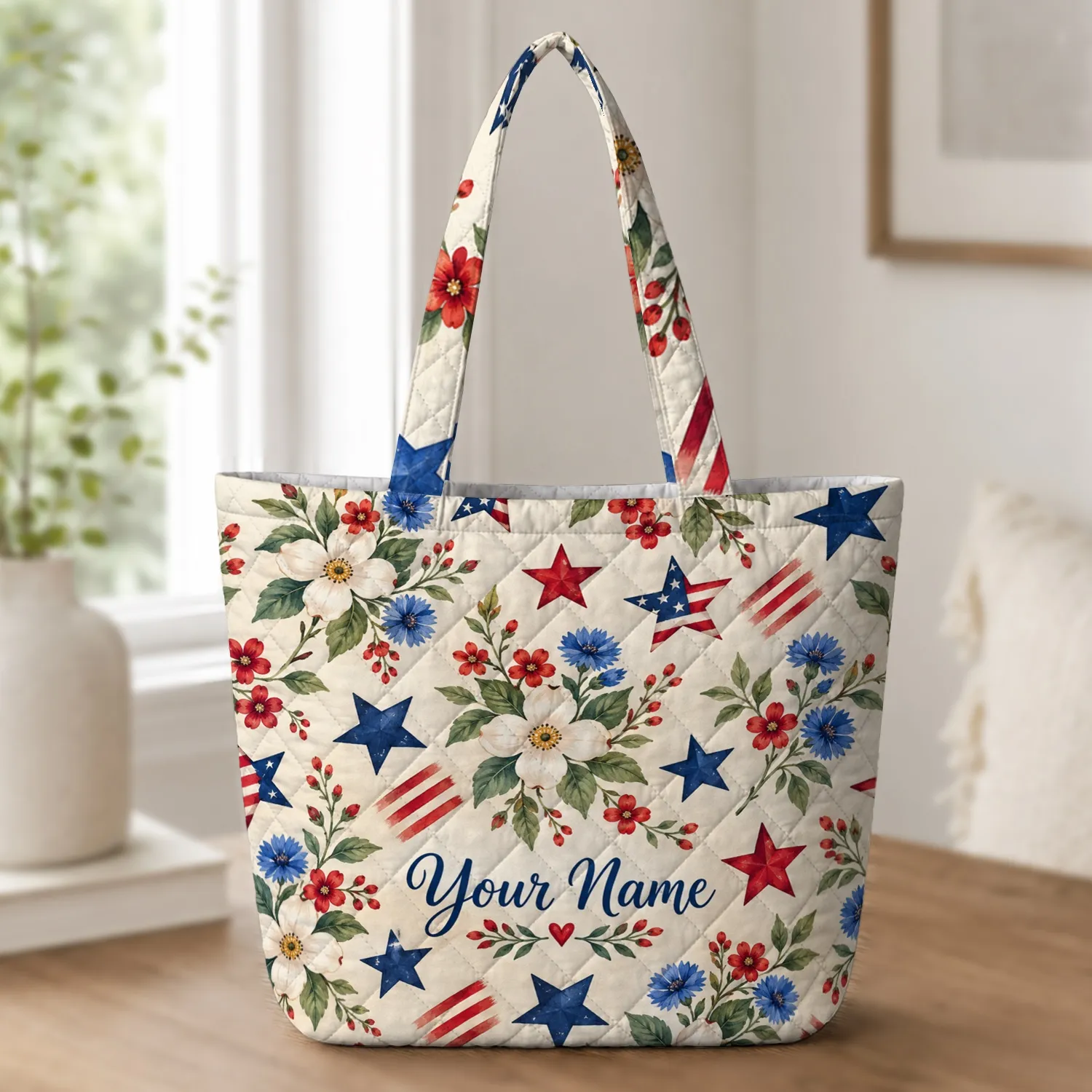 Patriotic Wildflowers and Stars for Fourth of July Celebrations and Summer Style Quilted Tote Bag - 1