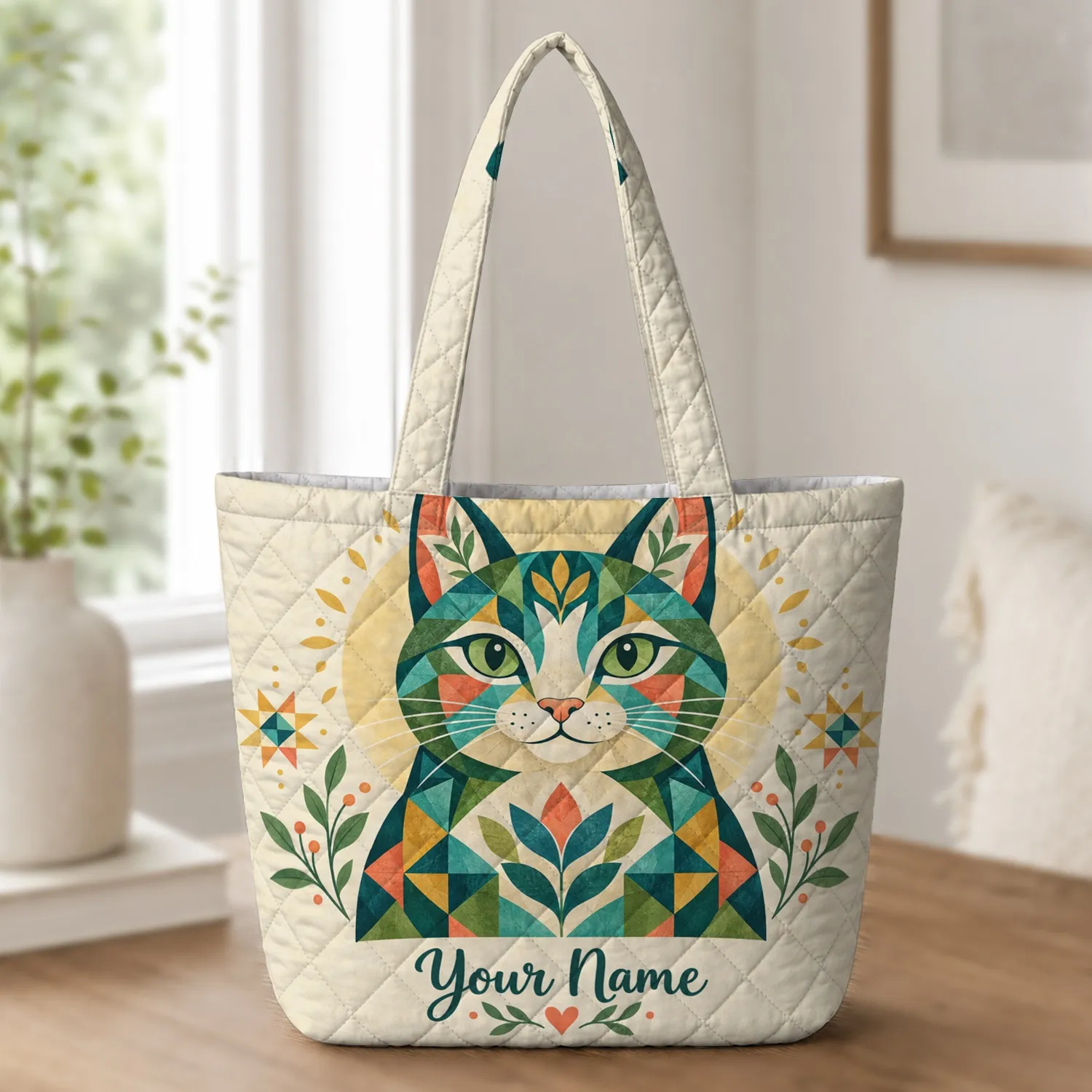Colorful Folk Art Cat and Patchwork Quilt Motifs for Everyday Cat Lovers Quilted Tote Bag - 1