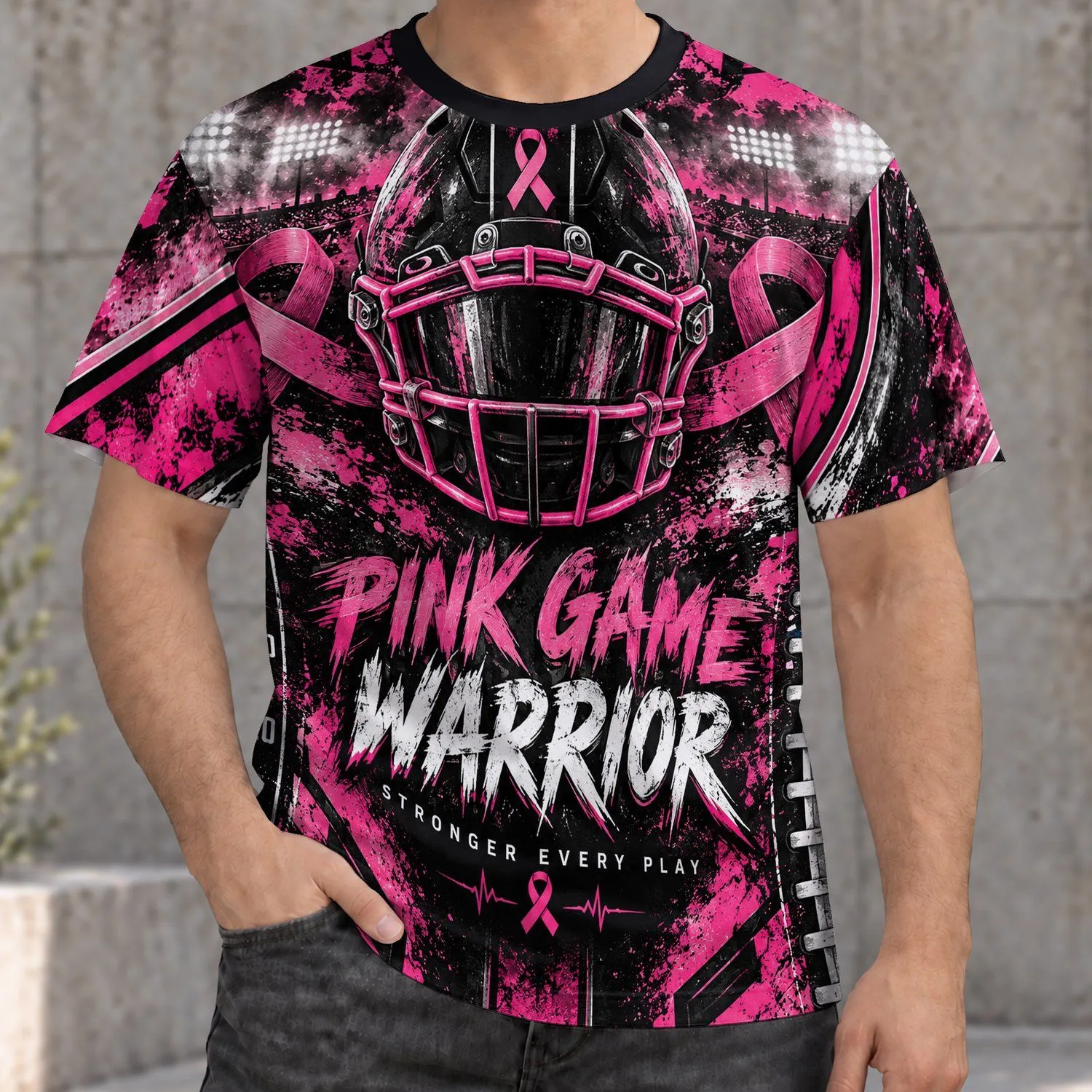 Pink Football Awareness Helmet and Ribbon for Game Day Cancer Support All-over Print Unisex T-shirt - 1