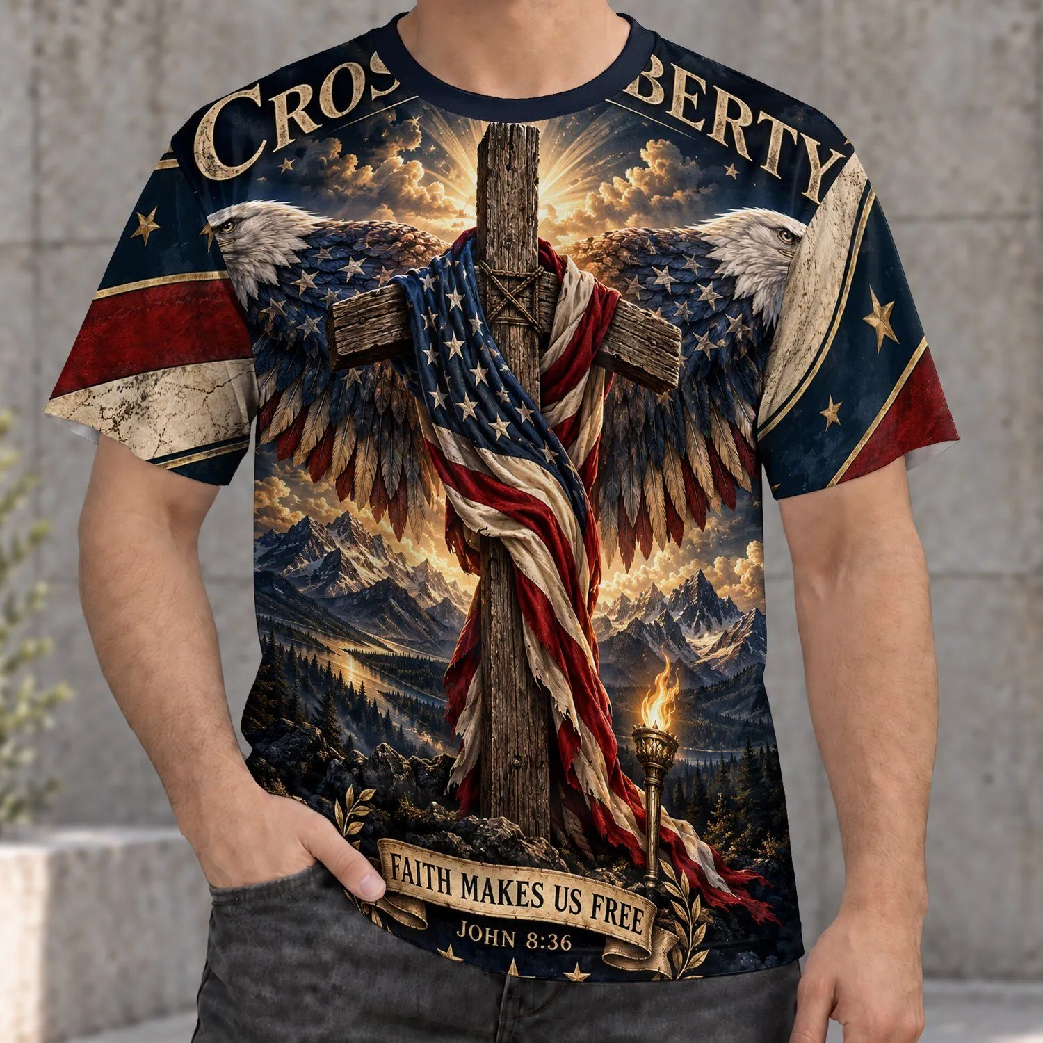 Patriotic Cross and Eagle Faith Message for Christian Freedom and Everyday Wear All-over Print Unisex T-shirt - 1